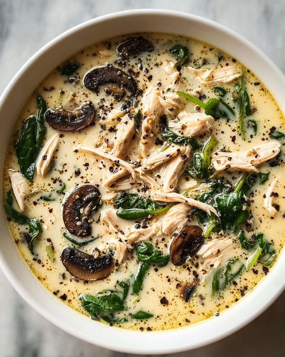 This image shows a white bowl filled with creamy soup that has a light yellow-beige color as its base layer. Floating on top are pieces of shredded white chicken meat, dark brown cooked mushroom slices, and bright green spinach leaves scattered evenly. The soup surface is speckled with ground black pepper adding texture and small dark spots. The bowl is set on a white marbled surface, giving a clean and fresh look. Photo taken with an iphone --ar 4:5 --v 7