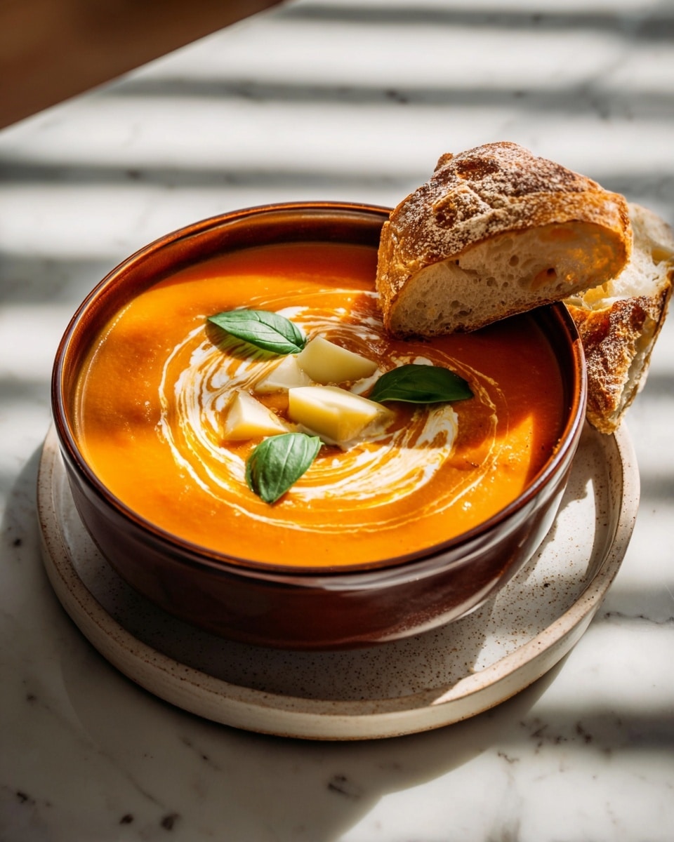 A brown bowl filled with creamy orange soup, swirled with white cream on top, placed on a white plate. The soup has three fresh green basil leaves and small slices of light yellow cheese in the center. A piece of rustic bread with a golden crust leans on the bowl’s edge, showing its soft, airy inside. The setting is on a white marbled surface with soft sunlight casting striped shadows. photo taken with an iphone --ar 4:5 --v 7