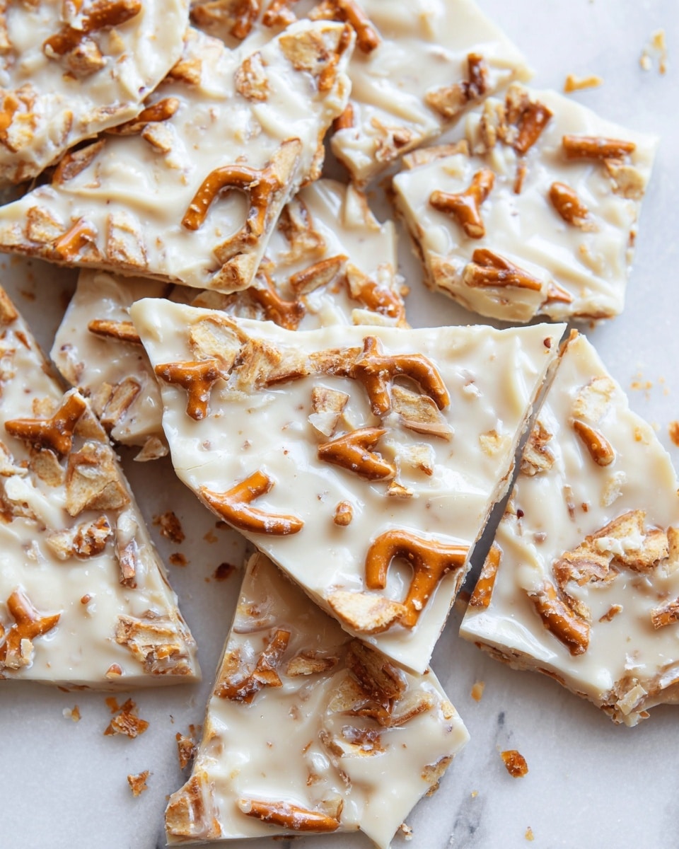 The image shows several pieces of white chocolate pretzel bark broken into irregular squares and scattered closely together. Each piece has a creamy white chocolate layer with a smooth yet slightly bumpy texture, embedded with crunchy, golden-brown pretzel bits that vary in size and stick out from the surface. The bark pieces are placed on a white marbled textured surface with some pretzel crumbs around them. The contrast between the pale white chocolate and the warm, toasted pretzels creates a visually appealing mix of colors and textures. Photo taken with an iphone --ar 4:5 --v 7