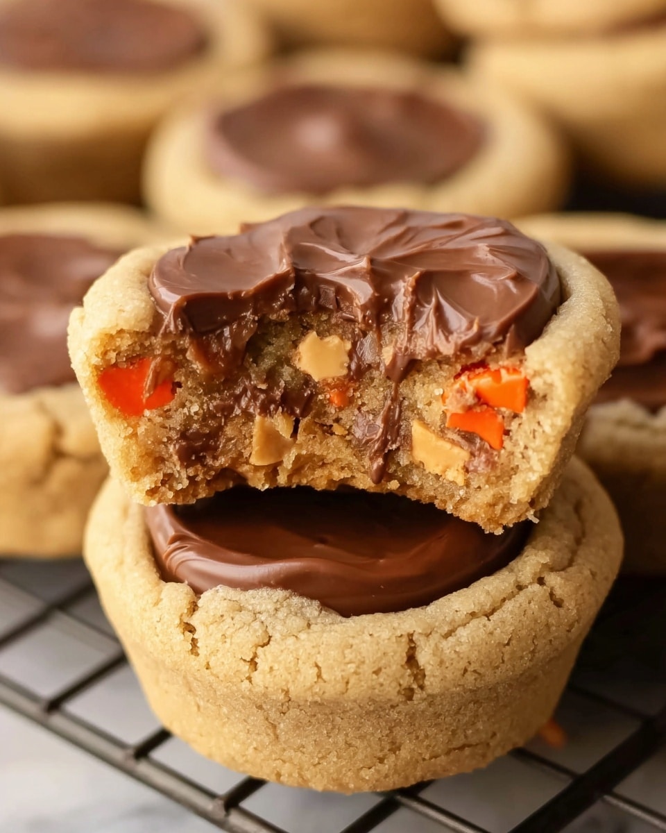 The image shows two peanut butter cup cookies stacked, with the top one having a bite taken out to reveal its inside. The bottom cookie is light golden brown with a smooth texture and has a thick smooth circle of milk chocolate peanut butter cup embedded on top. The bitten cookie above shows a crumbly light golden inside with small pieces of chocolate and orange candy bits inside. The smooth, creamy milk chocolate peanut butter cup contrasts with the soft crumbly cookie base. More similar cookies are blurred in the white marbled background. photo taken with an iphone --ar 4:5 --v 7