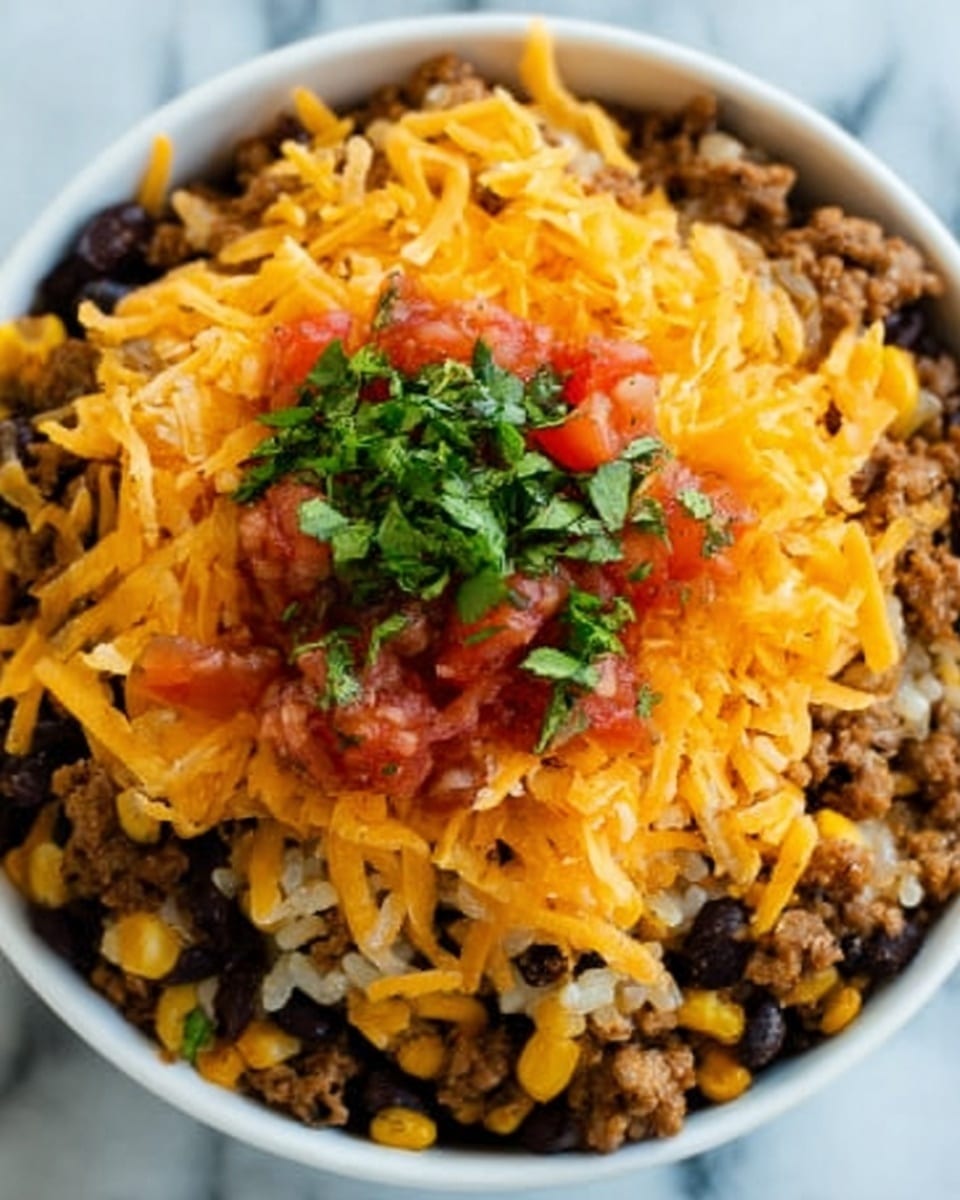 This image shows a close-up of a bowl of food with layers. The bottom layer is light-colored rice. On top of that, there is cooked ground beef mixed with black beans and yellow corn. The upper layer has bright orange shredded cheese spread evenly. In the center, there is a small pile of red salsa with pieces of tomato and green cilantro leaves on top. The bowl is white and placed on a white marbled surface. photo taken with an iphone --ar 4:5 --v 7
