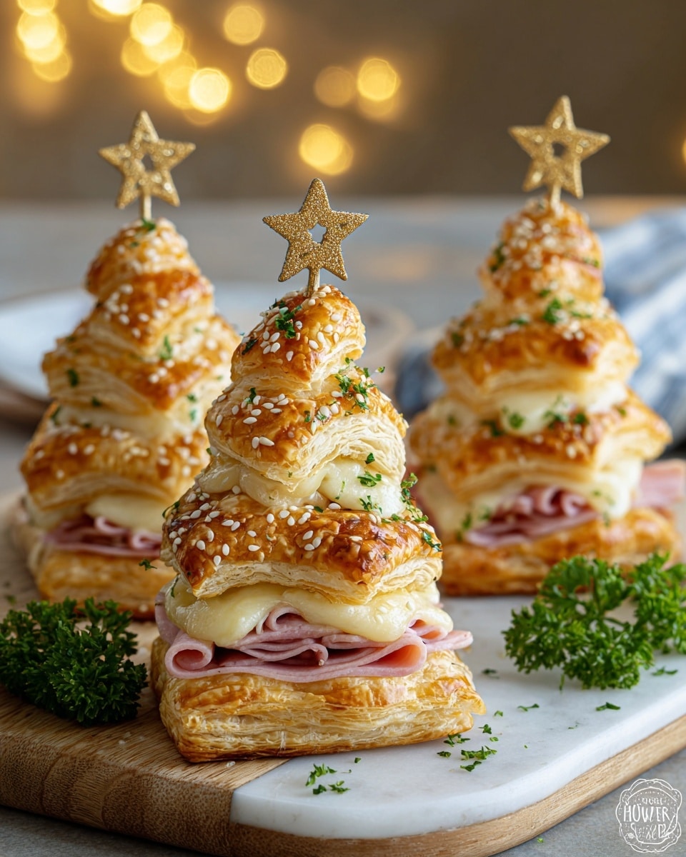 The image shows three layered pastry towers shaped like small Christmas trees on a wooden board over a white marbled texture. Each tree has about five layers, alternating golden, flaky puff pastry with a slightly shiny surface and light pink slices of ham, with melted pale yellow cheese oozing slightly between the layers. The puff pastry layers have a crispy, bubbly texture, sprinkled with sesame seeds and tiny green herb bits. The top of each tree is decorated with a small golden star on a toothpick, and fresh parsley sprigs are placed nearby for garnish. Warm yellow lights softly blur in the background, adding a cozy feel to the scene. photo taken with an iphone --ar 4:5 --v 7