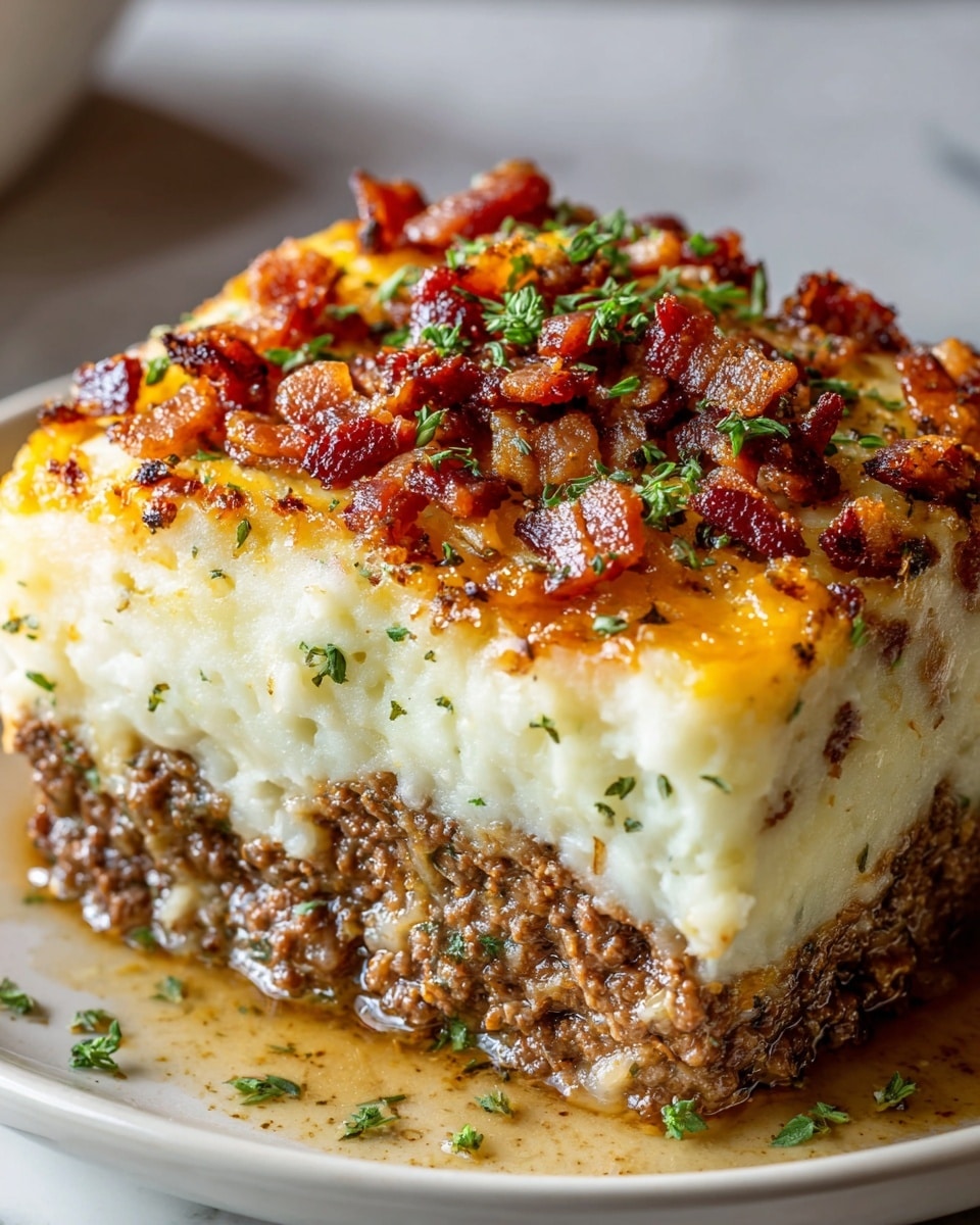 A thick slice of layered shepherd's pie sits on a white plate with a white marbled texture background. The bottom layer is a rich, brown, finely minced beef mixture, cooked and mixed with small bits of herbs. Above this is a thick, creamy, white mashed potato layer that looks light and smooth. The top layer is a golden-brown baked cheese crust with crispy bacon bits scattered all over, adding a reddish color and crunchy texture. Small green herb pieces sprinkle the top, enhancing the look with fresh, bright spots. Photo taken with an iphone --ar 4:5 --v 7