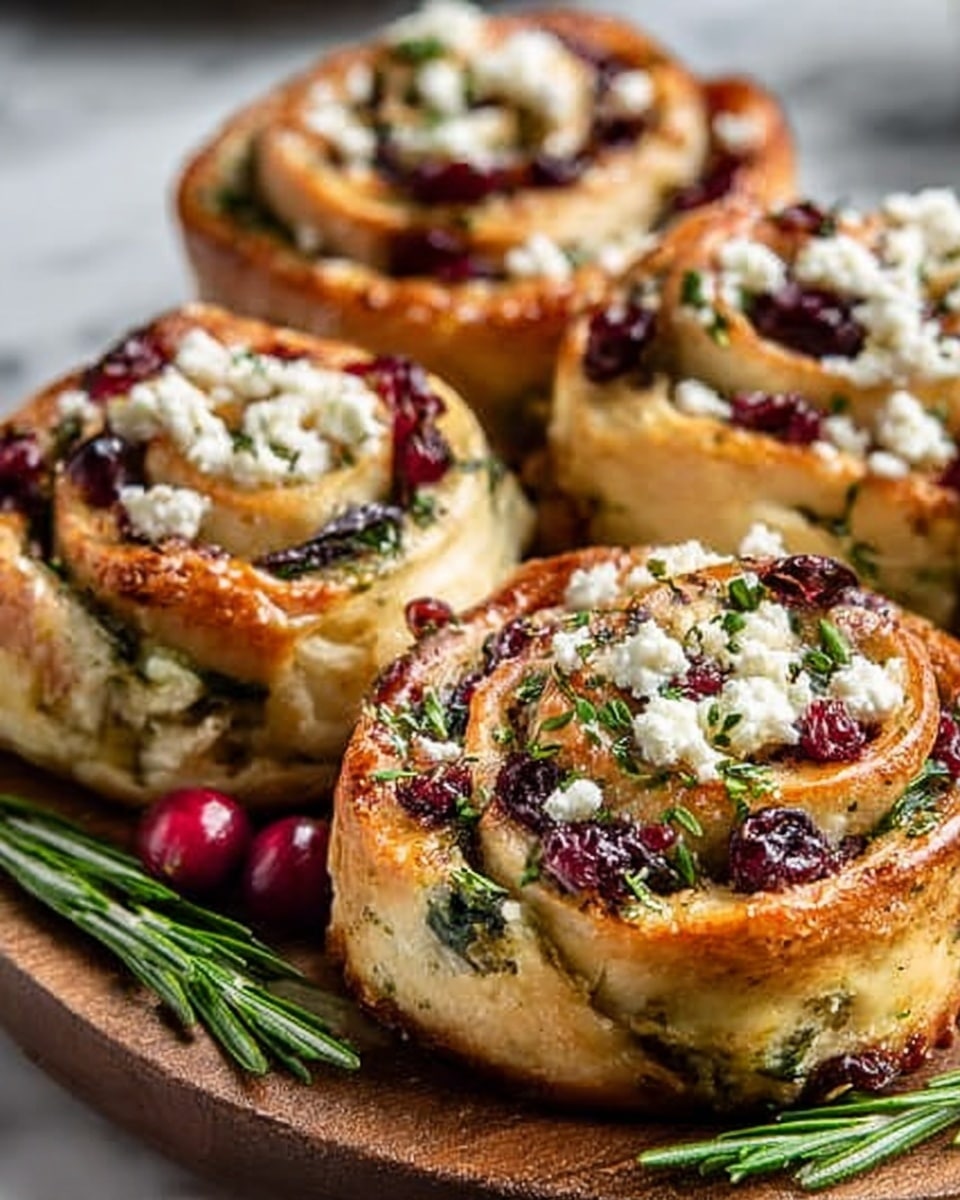 The image shows a close-up of four golden-brown swirled rolls on a wooden board, each with visible layers: a soft, light dough base rolled with green herbs and bright red cranberries inside, topped with crumbled white cheese and more finely chopped green herbs. The rolls are fluffy with textured, slightly crisp edges, and there are a few whole cranberries and sprigs of fresh rosemary placed casually in front of them. The background is a white marbled surface. photo taken with an iphone --ar 4:5 --v 7