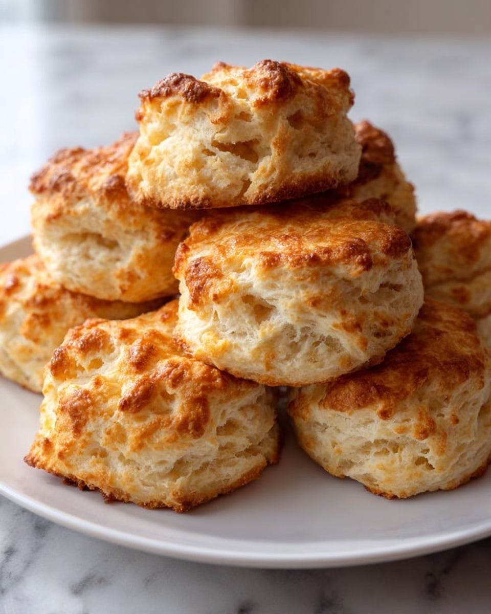 A white plate holds six golden brown biscuits stacked close together. Each biscuit has a rough, uneven top with a crispy, browned texture, while the sides show a soft, flaky, off-white interior with layers visible. The biscuits look fluffy and freshly baked, with some light cracks and crumbly edges. The plate sits on a white marbled surface near a window letting soft natural light highlight the color and texture of the biscuits. Photo taken with an iphone --ar 4:5 --v 7