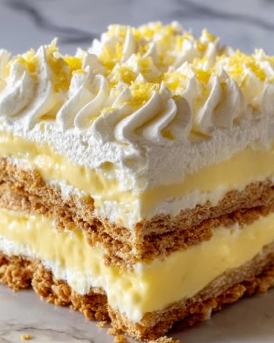A close-up image of a three-layer dessert slice in a clear container, showing three thick layers of creamy, light yellow filling alternating with three layers of brown, crumbly cake. The top layer is covered with white, fluffy whipped cream swirls with small white chocolate pieces scattered on top. The texture looks smooth and soft with the cake layers appearing moist and crumbly. The background is a white marbled texture, and a woman's hand is gently touching the side of the container. Photo taken with an iphone --ar 4:5 --v 7