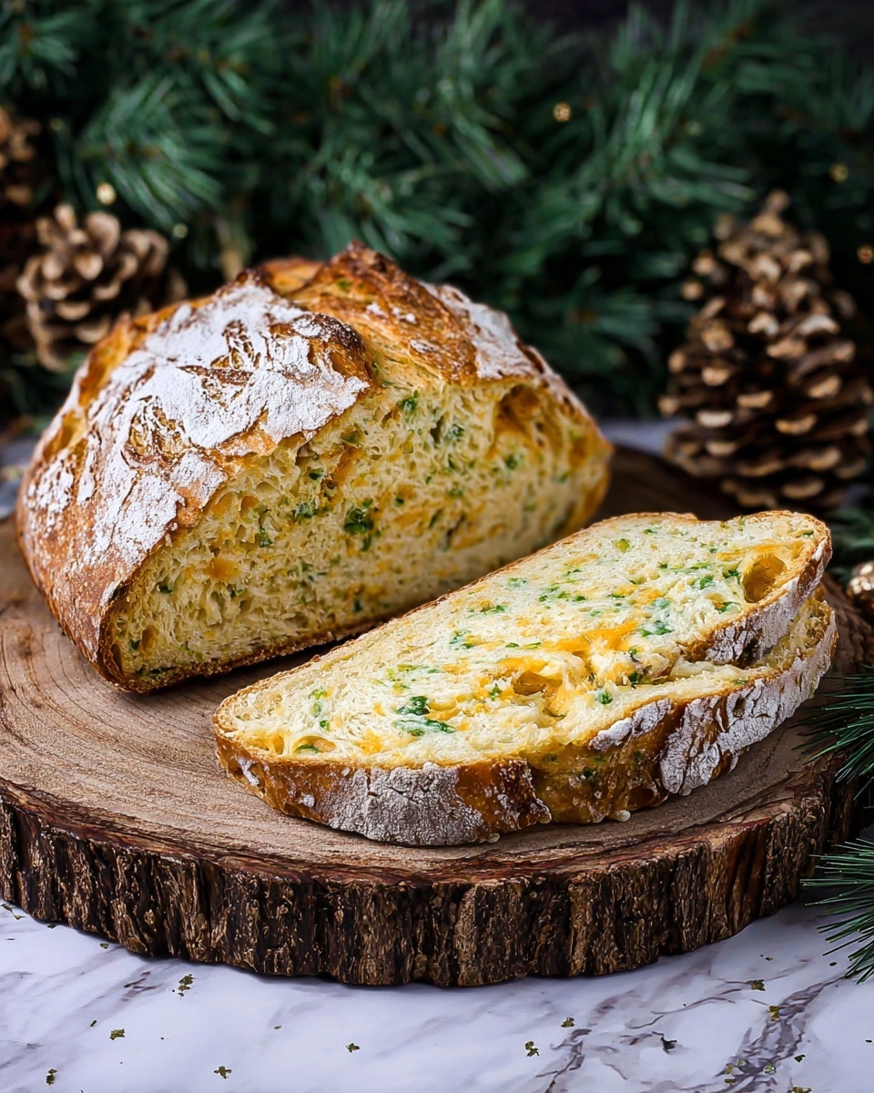 A rustic loaf of bread is shown sliced on a wooden round board with rough edges; the bread crust is golden brown and crackled with a dusting of white flour, while the inside is soft and light yellow with green herb bits and melted cheese swirled throughout. The two slices lie flat in front of the main loaf, exposing the dense, moist texture with small air pockets. The background features dark green pine branches and pinecones, creating a cozy, natural atmosphere on a white marbled surface. photo taken with an iphone --ar 4:5 --v 7