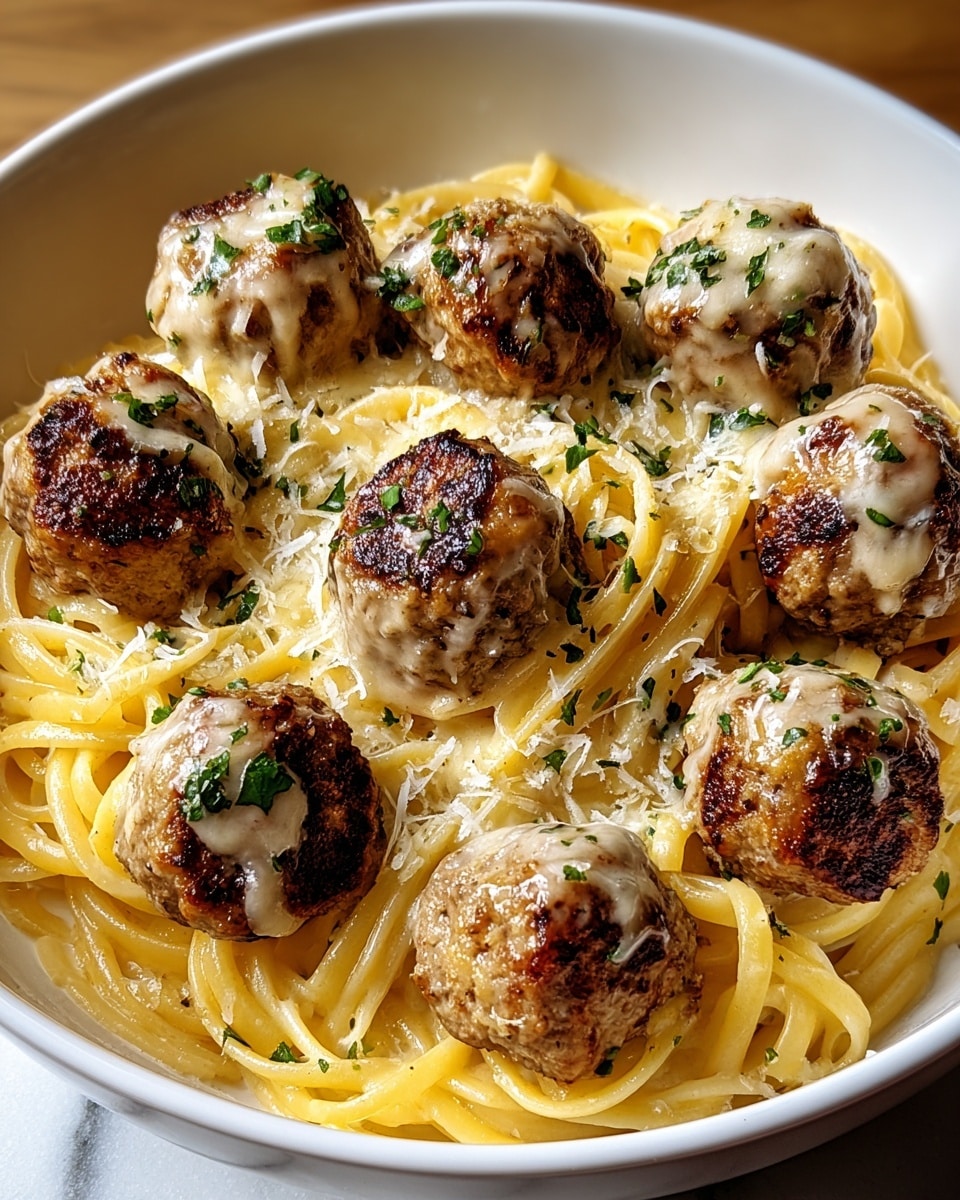 This dish shows a white bowl filled with creamy yellow spaghetti noodles coated in smooth sauce, topped with eight well-browned meatballs arranged evenly on top. Each meatball is covered with a light layer of melted cheese and sprinkled with small bits of green herbs. Grated cheese is scattered lightly over the pasta and meatballs, giving a fine white texture contrast. The bowl is placed on a white marbled surface with warm natural light highlighting the creamy and savory textures. Photo taken with an iphone --ar 4:5 --v 7