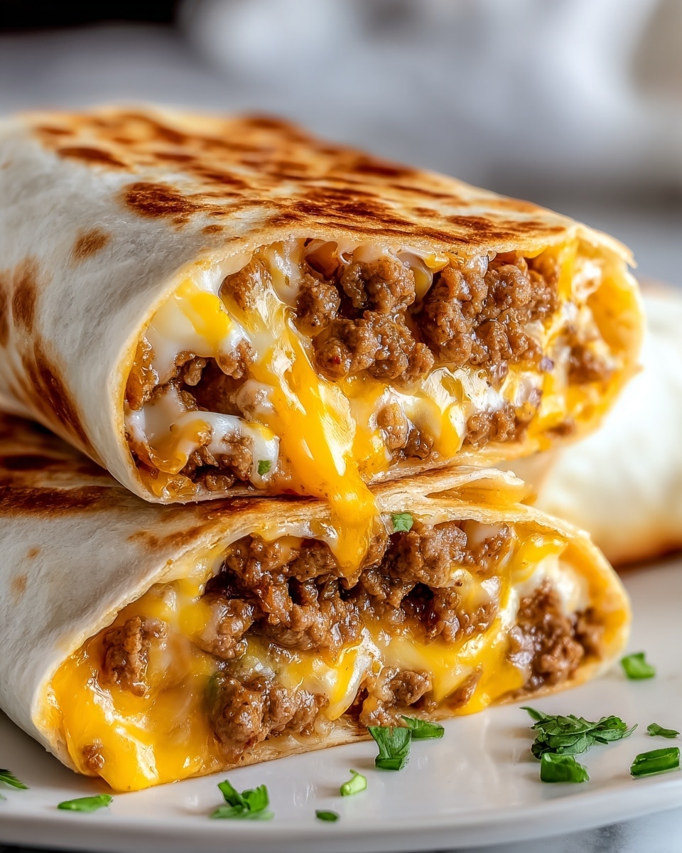 The image shows two burrito halves stacked on a white marbled surface. Each burrito has three visible layers: a soft, grilled white tortilla wrap on the outside with light brown grill marks, a thick layer of melted yellow and orange cheese inside, and a rich, crumbly brown ground beef filling mixed with melted cheese. The burritos are garnished with small green parsley leaves sprinkled on top. In the background, out of focus, there are some golden fries and a white bowl. photo taken with an iphone --ar 4:5 --v 7