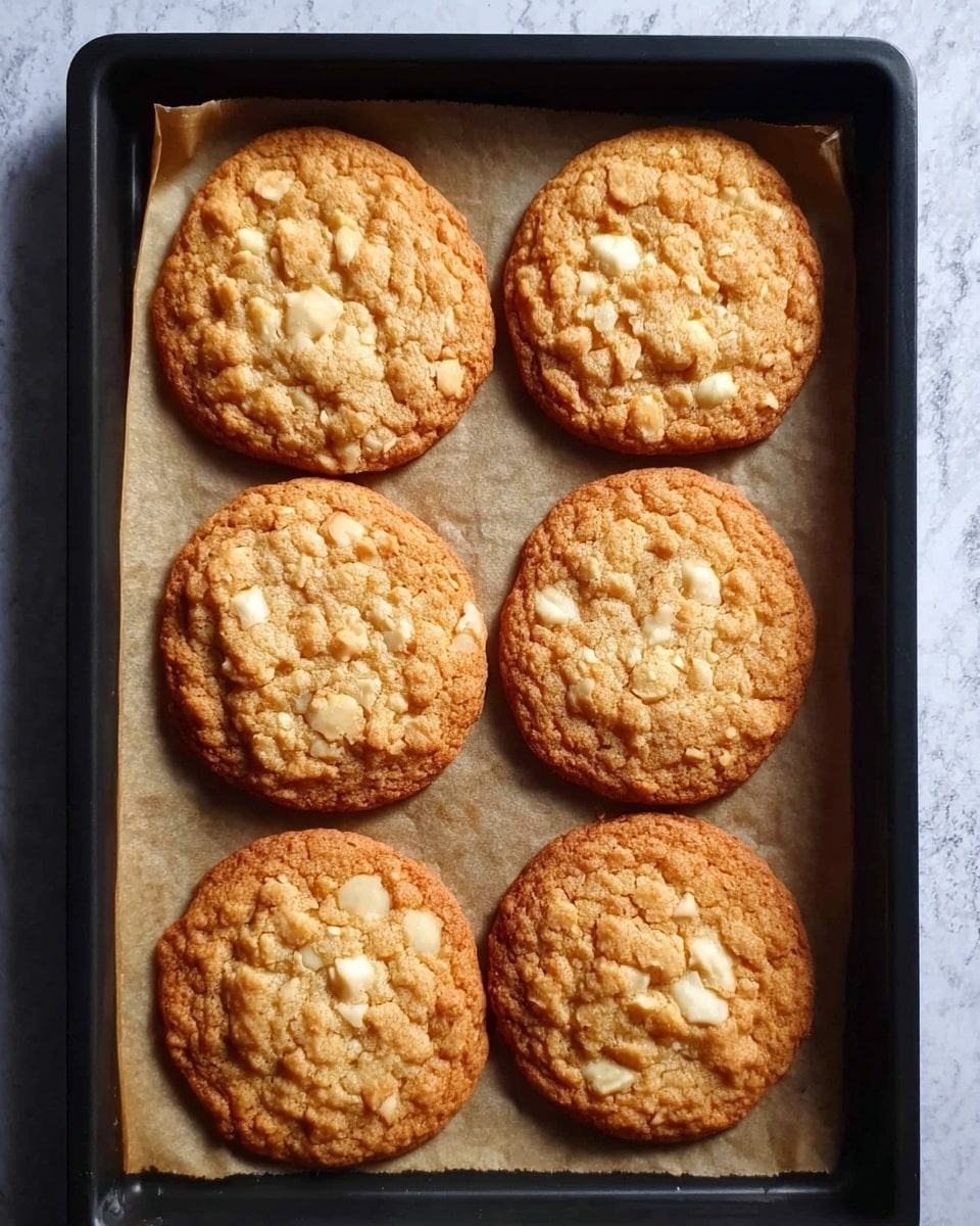 A black baking tray holds six round cookies arranged in two rows of three. Each cookie has a golden-brown color with a rough, slightly cracked texture on top, showing small patches of lighter beige where white chocolate chips are mixed inside. The cookies are placed on a beige fabric liner, which softly contrasts with the dark tray and highlights the warm tones of the cookies. The view is close-up from above, focusing on the cookies' surface details and the soft edges of each piece. Photo taken with an iphone --ar 4:5 --v 7