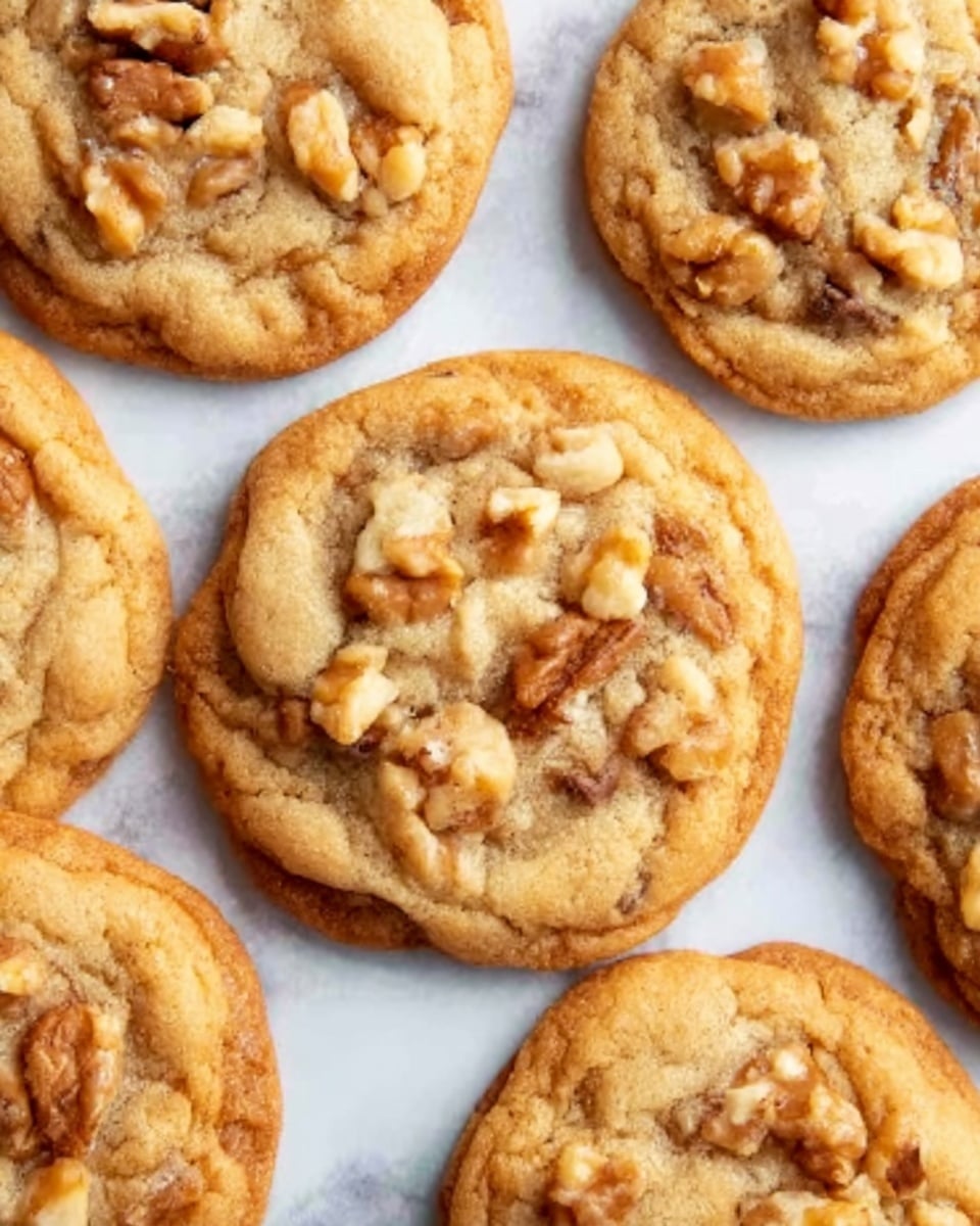 The image shows a close-up of several golden brown cookies arranged on a white marbled surface. Each cookie has a slightly cracked top with textured chunks of nuts and chocolate chips scattered inside, giving a rough, crumbly look. The cookies have a round shape with slightly uneven edges and a soft, chewy appearance. Light shines softly on the cookies, highlighting their warm, baked texture. Photo taken with an iphone --ar 4:5 --v 7