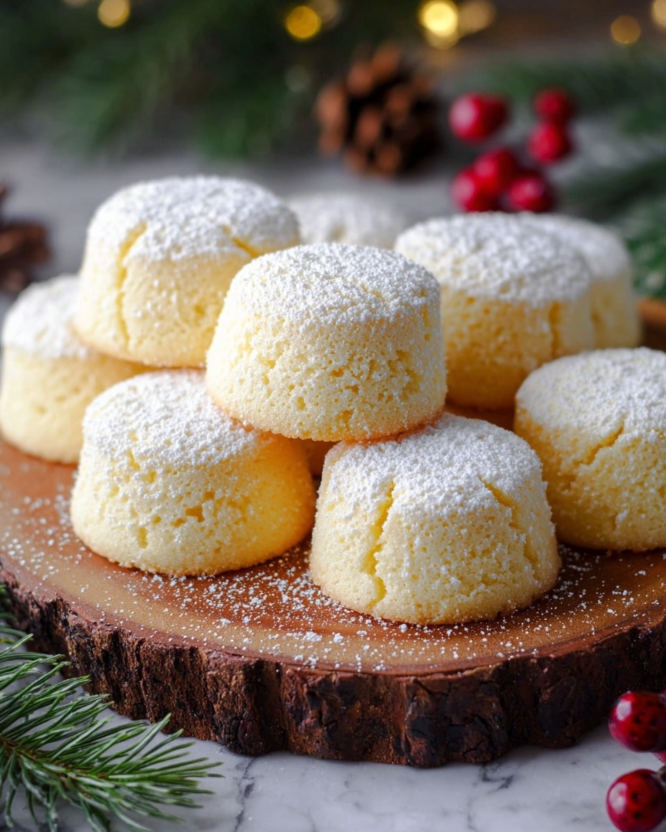 Seven round, soft-looking yellow cakes with a cracked surface are stacked on a round wooden board with rough edges. Each cake is covered with a dusting of white powdered sugar that adds a light texture on top. Near the bottom left of the image, green pine branches peek into the frame, and some blurred red berries and a pine cone can be seen in the background, adding a festive touch. The whole setting is on a white marbled textured surface. photo taken with an iphone --ar 4:5 --v 7