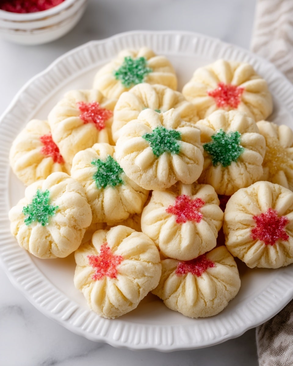 A white plate filled with about twenty small, flower-shaped cookies, each having soft ridges and a light cream color. Some cookies have green sugar sprinkles in the center, and others have red sugar sprinkles. The plate sits on a white marbled surface. The scene has soft, natural lighting. photo taken with an iphone --ar 4:5 --v 7
