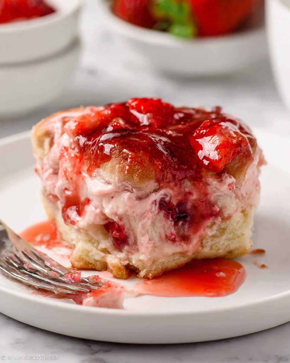 The image shows a close-up of a single piece of strawberry roll on a white plate with three visible layers: a flaky, light brown bread base with visible airy texture; a thick layer of pinkish cream spread unevenly over the bread; topped with a shiny, bright red strawberry glaze that drips onto the plate. The glaze contains small strawberry pieces adding texture and is spreading out from the base. A silver fork rests near the strawberry roll, partially covered in the red glaze. The background is a white marbled texture, with blurred white bowls and strawberries in the distance. photo taken with an iphone --ar 4:5 --v 7