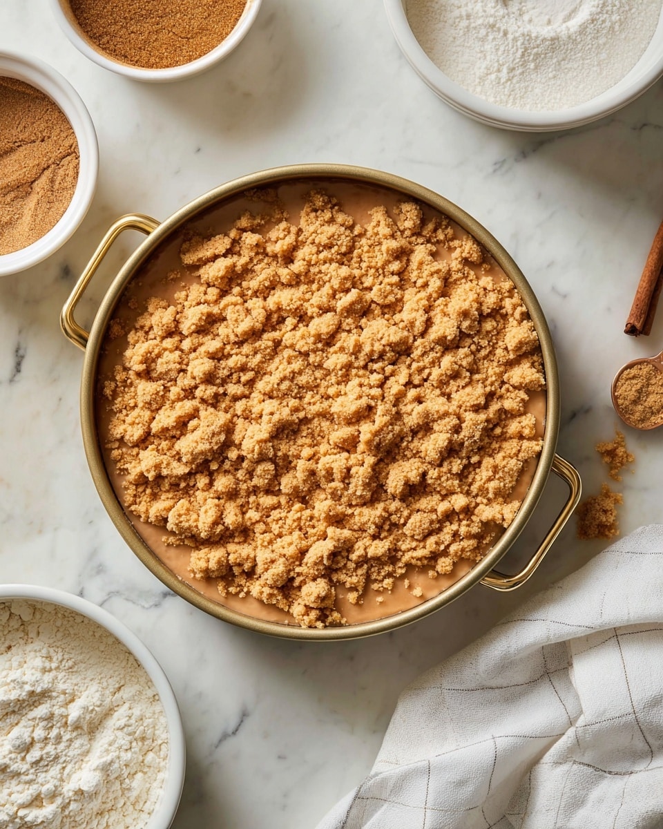 A round cake pan with gold handles holds a dessert that has two layers: a smooth, light brown cake base topped with a crumbly, golden-brown streusel layer spread unevenly on top. Surrounding the pan on a white marbled surface are white bowls filled with flour, cinnamon, and sugar, creating a baking setup. A white cloth with a subtle grid pattern lies next to the pan, adding softness to the scene. photo taken with an iphone --ar 4:5 --v 7