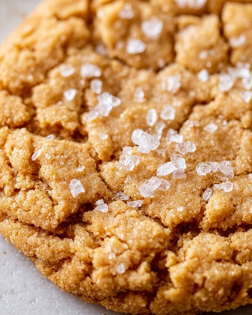A close-up view of a golden brown cookie with a rough, cracked surface texture. The cookie is sprinkled with coarse, translucent white salt crystals evenly spread on top, creating small shiny highlights against the warm cookie color. The cookie edges appear slightly raised and crisp, with uneven cracks showing a soft, crumbly interior. The background is a white marbled texture. photo taken with an iphone --ar 4:5 --v 7