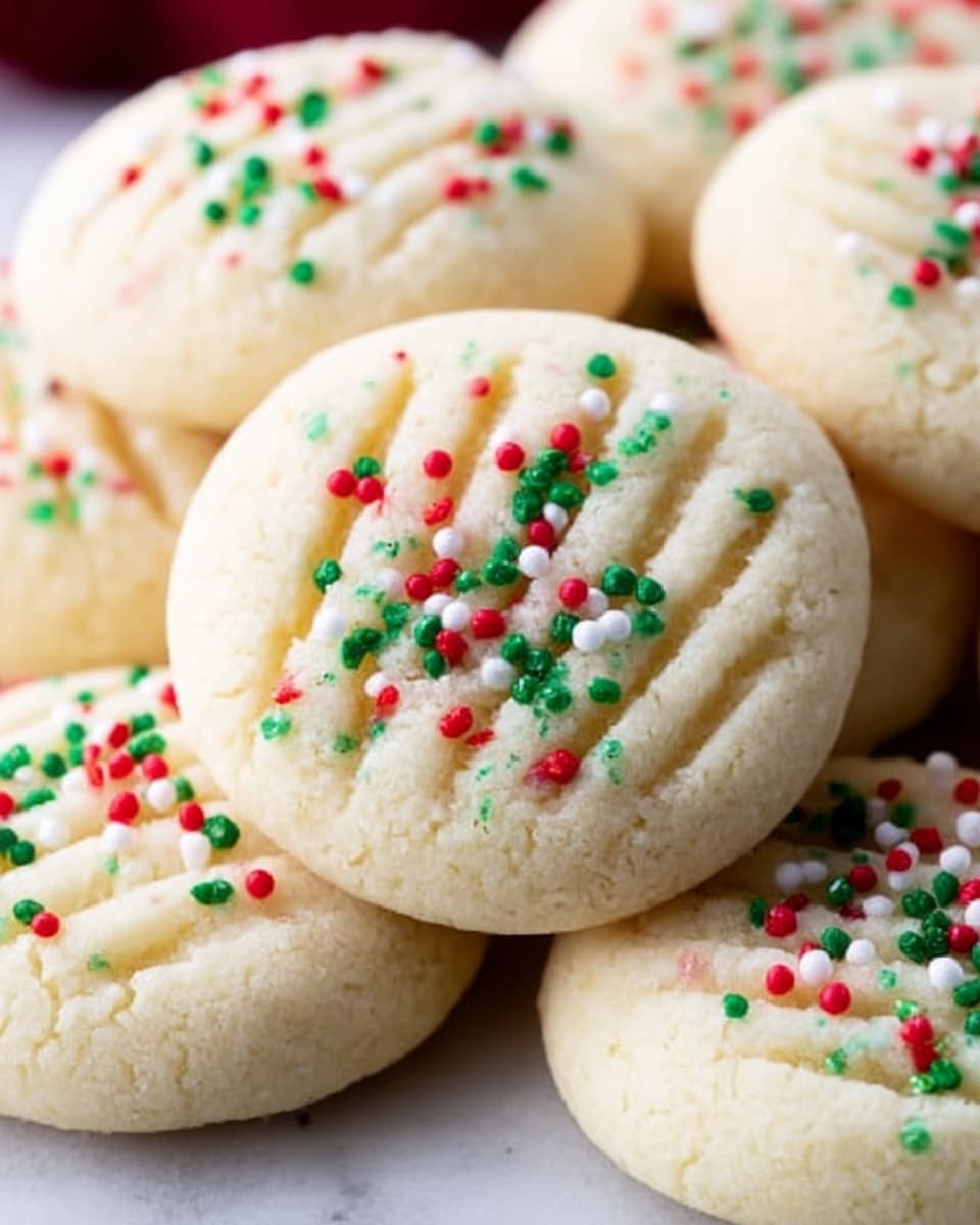 A close-up view of soft, round cookies stacked on a white marbled surface. Each cookie has three shallow grooves on top, running parallel in the center, decorated with tiny red, green, white, and pink round sprinkles. The cookie texture is smooth and pale yellow, with a slightly powdered look. The sprinkles add small pops of color, contrasting with the light cookie base. photo taken with an iphone --ar 4:5 --v 7