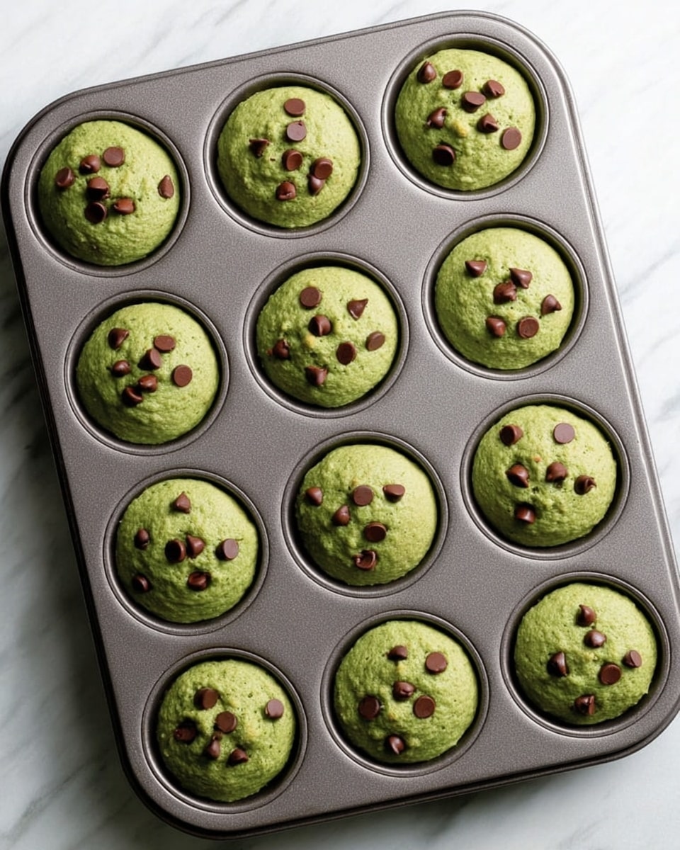 A dark gray metal muffin tray filled with 12 mini green muffins that have a soft and slightly bumpy texture. Each muffin is topped with small, scattered dark brown chocolate chips, creating a contrast on the green surface. The tray sits on a white marbled texture, and the muffins appear freshly baked, with some chocolate chips slightly melted. photo taken with an iphone --ar 4:5 --v 7