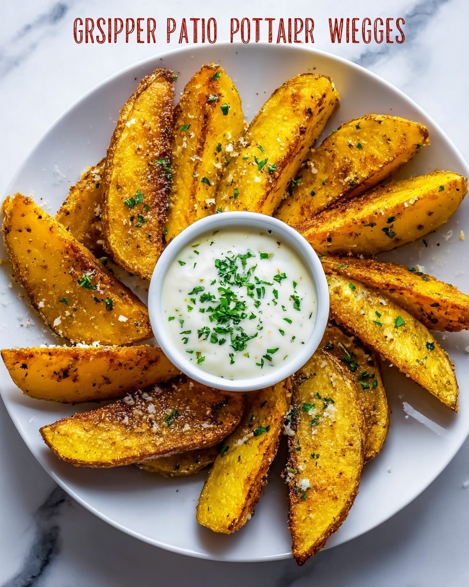 The image shows a white plate on a white marbled surface filled with crispy air-fried potato wedges arranged in a circular pattern. The wedges are golden brown with a texture showing crispy edges and some seasoning sprinkled on top, including bits of Parmesan and small green herbs. In the center of the plate is a small white bowl filled with a creamy sauce sprinkled with finely chopped green herbs. The wedges have a slightly rough skin on one side and a softer, golden inside on the other, creating a contrast in textures. The overall presentation looks warm and inviting, with the wedges evenly spaced around the sauce bowl. Photo taken with an iphone --ar 4:5 --v 7