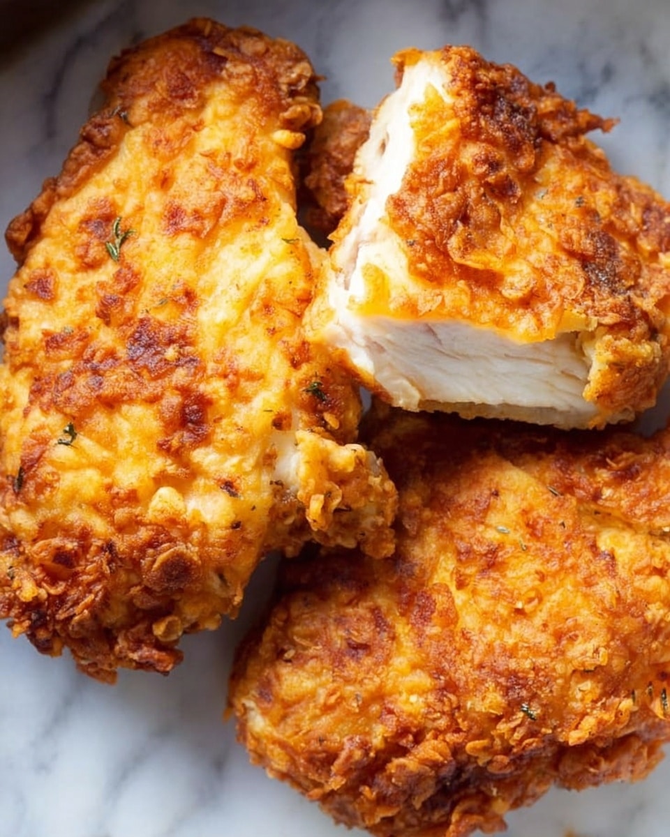 The image shows crispy fried chicken pieces with a golden brown and crunchy outer layer. The chicken skin is well-fried with textured crinkles and uneven browning giving a homemade look. Inside, the chicken meat is tender and white, visible in one piece that is slightly torn open. The fried pieces are placed on a white marbled textured surface that contrasts with the warm colors of the chicken, highlighting its crispiness and juiciness. The close-up view focuses on the rich texture and colors of the coating and meat. Photo taken with an iphone --ar 4:5 --v 7