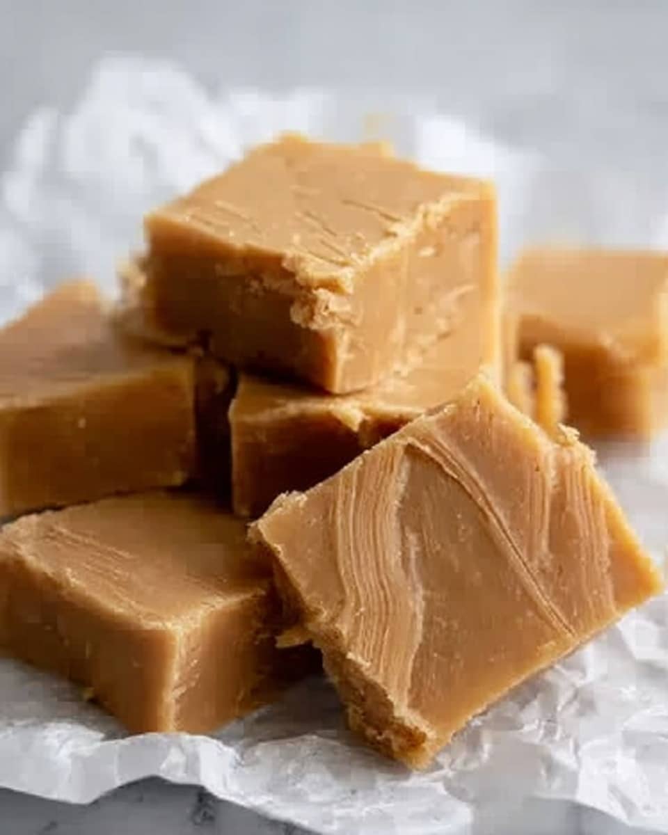 The image shows several square pieces of soft caramel fudge with a smooth, shiny light brown surface and visible fine cracks on top. The fudge pieces are stacked slightly unevenly on white parchment paper, which sits on a white marbled surface. The overall look is warm and inviting, with a focus on the creamy texture and rich color of the caramel fudge. photo taken with an iphone --ar 4:5 --v 7