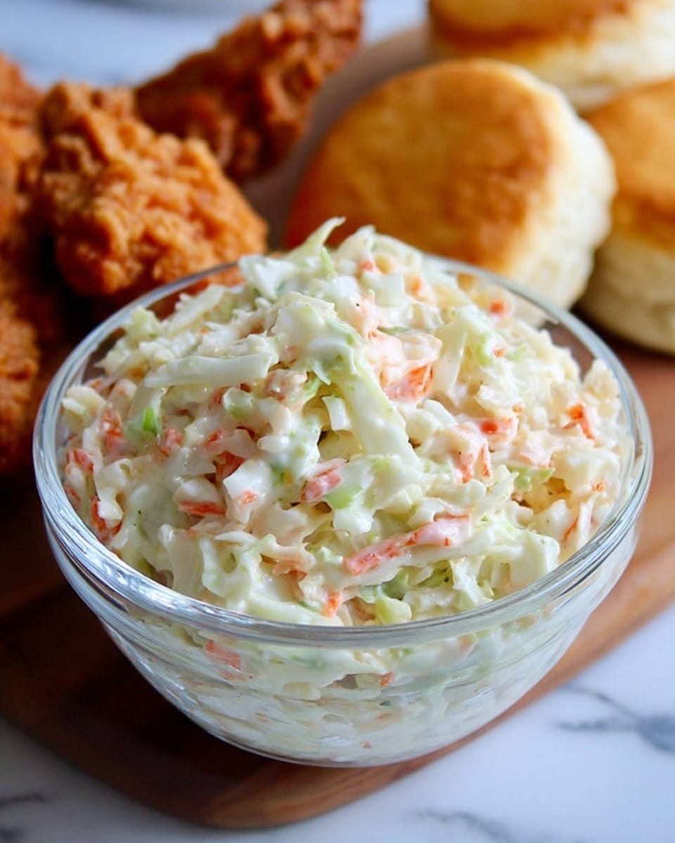 A clear glass bowl filled with creamy coleslaw sits in the center, showing finely shredded cabbage in pale green and white mixed with small bits of orange carrot, all coated lightly in a white dressing. Behind the bowl, there are golden brown fried chicken pieces with a crispy texture and two round, fluffy biscuits with a light golden crust. The setting is on a white marbled surface with warm, soft lighting. photo taken with an iphone --ar 4:5 --v 7