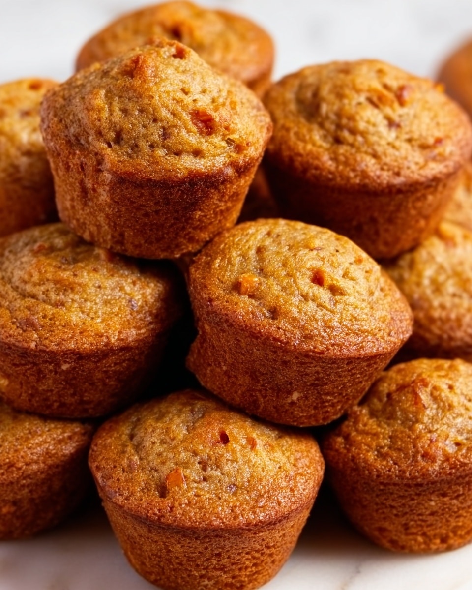 The image shows a close-up of several golden-brown muffins piled on top of each other. Each muffin has a slightly rough texture with small darker spots throughout, and they appear soft and moist. The muffins have a rounded top that rises unevenly, giving a homemade feel. They are resting on a white marbled surface. Photo taken with an iphone --ar 4:5 --v 7