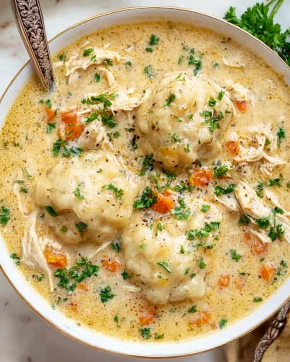 A white bowl filled with creamy chicken and dumpling soup is shown. The soup has a thick, light beige broth with visible pieces of shredded chicken, small orange carrot cubes, and green herbs mixed throughout. On top, there are four large, round, soft dumplings that are pale yellow with a slightly bumpy texture, sprinkled with chopped green parsley. A white spoon with blue floral patterns rests inside the bowl, partially submerged. The bowl sits on a white marbled surface photo taken with an iphone --ar 4:5 --v 7