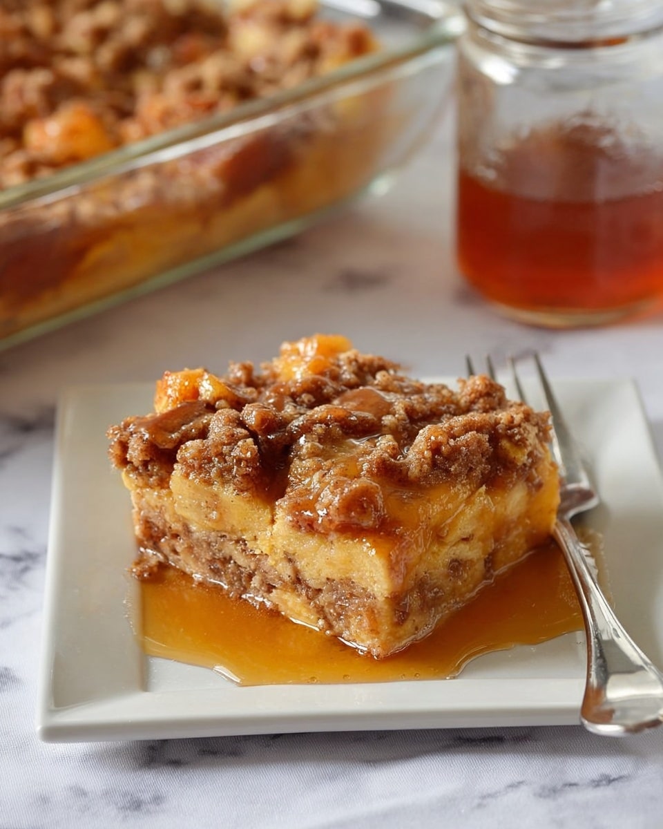 A square piece of bread pudding sits on a white square plate with a fork resting to the right side, its crust golden and firm. The bread pudding has two visible layers; the bottom layer is a soft, light brown, dense bread soaked in a smooth custard, while the top layer is a crumbly, darker brown streusel with bits of orange fruit embedded, all glistening with amber syrup that pools around the base. In the background, a clear glass baking dish filled with the same bread pudding and a glass jar of syrup sit on a white marbled surface. The overall look is warm, moist, and inviting. Photo taken with an iphone --ar 4:5 --v 7