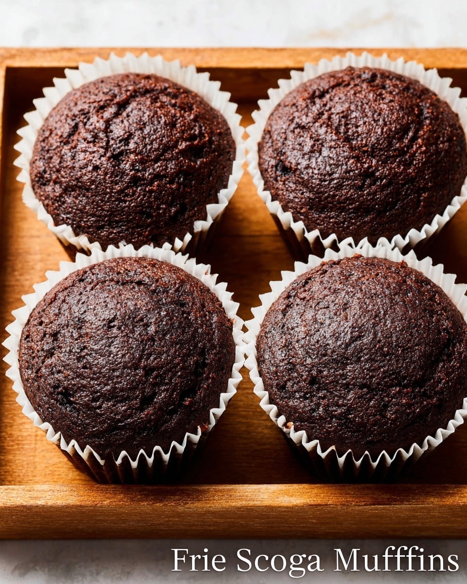 The image shows a close-up view of four cocoa muffins in white cupcake liners, arranged in two rows on a wooden tray. Each muffin has a rich, dark brown color with a slightly cracked and textured top, showing moisture and soft crumb inside. The muffins are tightly packed in the tray, with the paper liners neatly crinkled around the edges. The wooden tray's light brown color contrasts with the deep brown of the muffins, and the background is a white marbled texture. Photo taken with an iphone --ar 4:5 --v 7