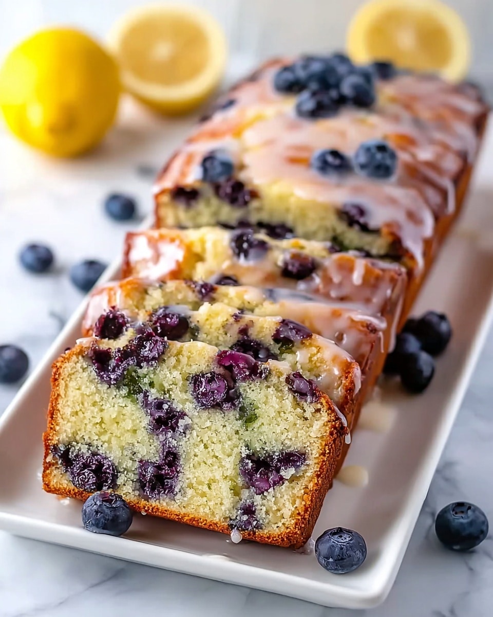 A loaf cake sliced into several pieces on a white rectangular plate, showing a moist, light yellow crumb with many dark purple blueberries spread evenly throughout. The top layer has a shiny glaze drizzled over it, adding a glossy texture with soft cracks. Around the plate and on the white marbled surface, there are whole fresh blueberries, and in the background, two lemon halves are slightly blurred. The edges of the cake are golden brown and slightly crisp. Photo taken with an iphone --ar 4:5 --v 7