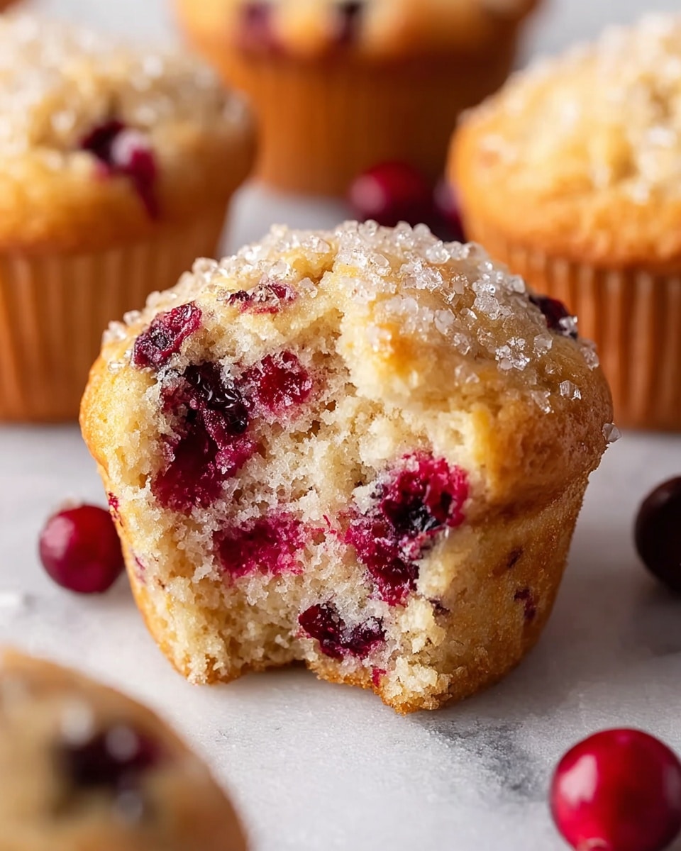 A close-up view of a muffin with a light golden brown top and a soft, crumbly texture inside. The muffin is filled with dark red berries that are scattered throughout the light beige crumb. The top of the muffin has bits of large sugar crystals sprinkled over it, adding a sparkly texture. Surrounding the main muffin are parts of other similarly colored muffins and a few whole red berries on a white marbled textured surface. photo taken with an iphone --ar 4:5 --v 7