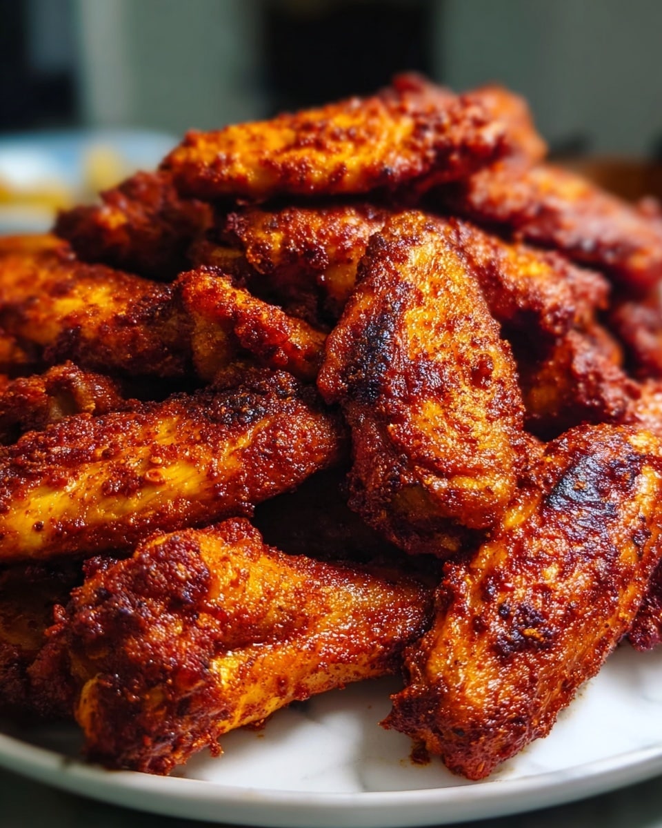 A pile of crispy, golden-brown chicken wings sits on a white plate with a subtle marbled texture. Each wing has a textured, slightly rough surface with a rich, reddish-orange color from the seasoning and cooking spices. The wings are stacked unevenly, giving the dish a hearty, abundant look. The background has a soft blur that highlights the wings as the main focus. photo taken with an iphone --ar 4:5 --v 7