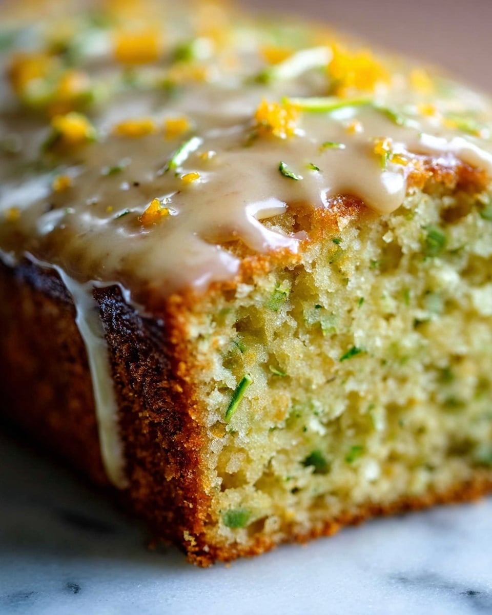 A close-up of a moist, light yellow cake with a soft, spongy texture showing small green and orange specks inside, likely from grated vegetables or zest. The cake is topped with a shiny, smooth beige glaze that drips slightly over the edges, with small bright orange bits sprinkled on top. The cake has a golden-brown crust at the bottom, resting on a white marbled surface. photo taken with an iphone --ar 4:5 --v 7