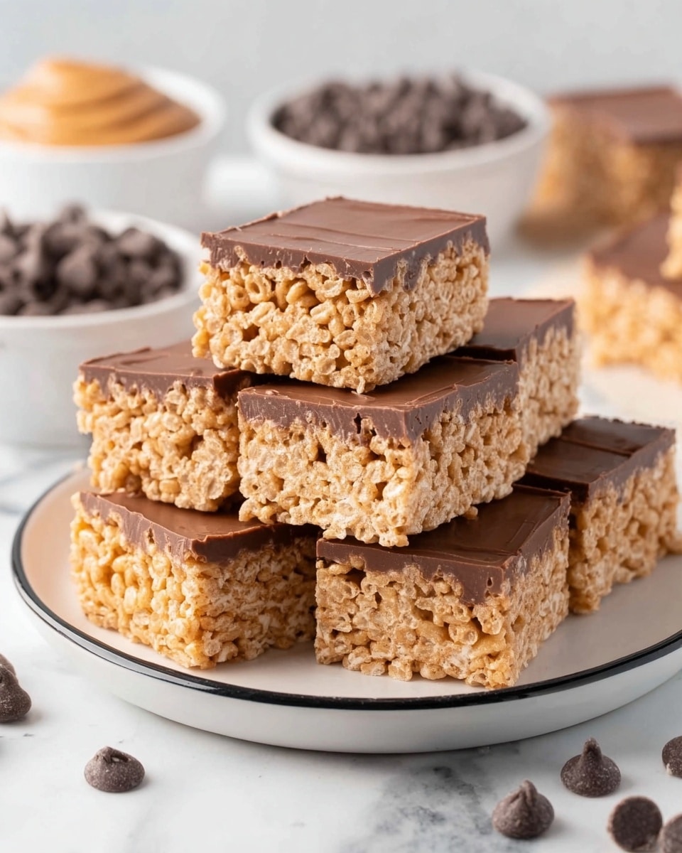 The image shows a stack of six square snack bars on a white plate, arranged in two layers with four bars on the bottom and two on top. Each bar has two distinct layers: a thick, light brown crispy rice layer at the bottom with a rough texture and a smooth, glossy dark chocolate layer evenly spread on top. The bars look soft and chewy, with a slight shine on the chocolate. The plate is on a white marbled surface surrounded by scattered milk chocolate chips and blurred bowls of peanut butter and more chocolate chips in the background. The overall setting gives a clean and fresh feel. photo taken with an iphone --ar 4:5 --v 7
