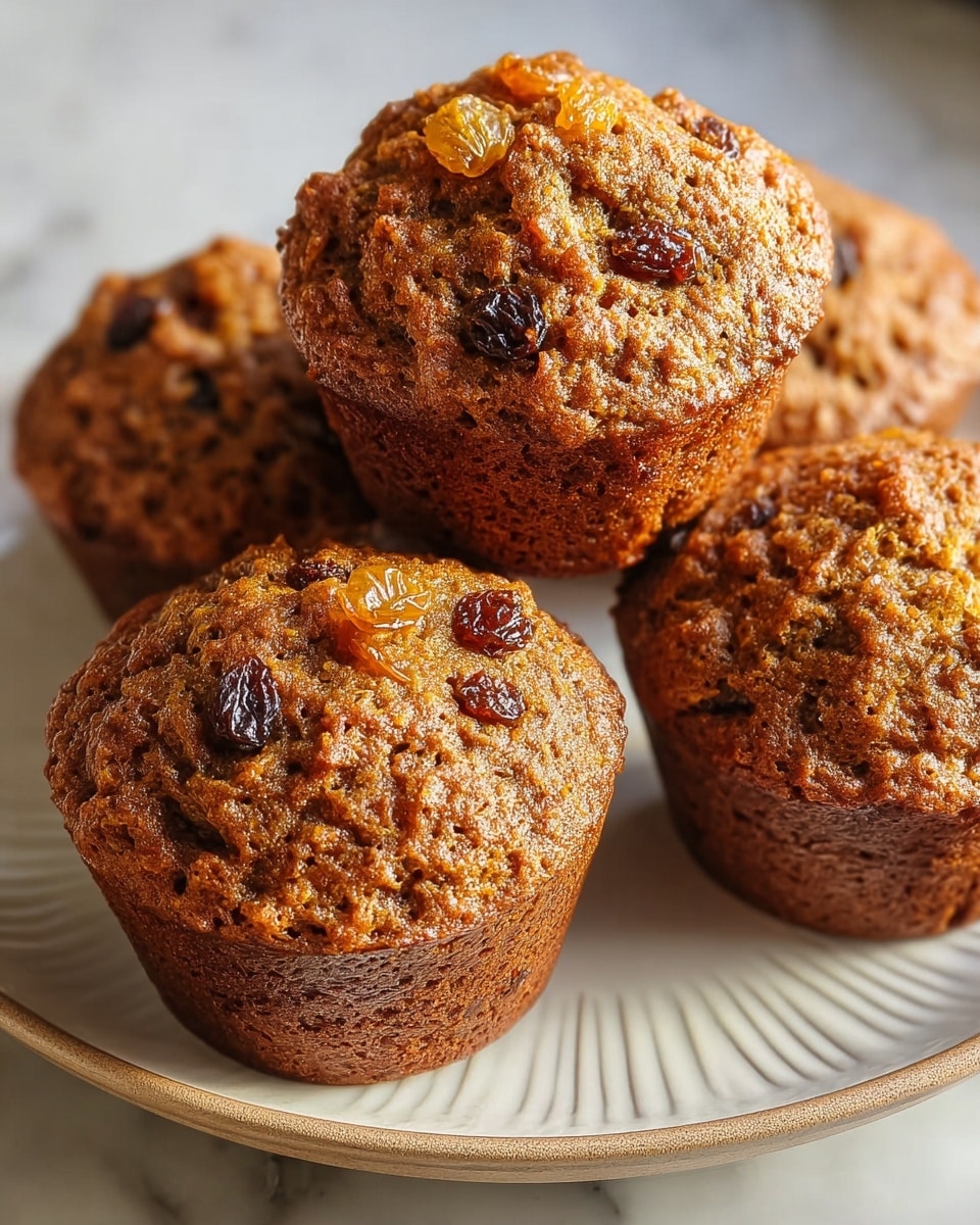 The image shows four brown muffins with a rough, crunchy texture on the top and darker edges at the bottom. Each muffin has a few raisins scattered on the top, showing dark brown and golden colors. The muffins are all arranged on a round white plate with a subtle pattern at the center, placed on a white marbled surface. The lighting highlights the golden brown color and the detailed texture of the muffins, making them look fresh and inviting. photo taken with an iphone --ar 4:5 --v 7