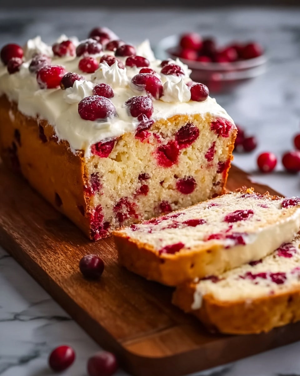 The image shows a loaf of cake with one slice cut and lying flat in front of it, placed on a wooden board against a white marbled texture background. The cake has two main layers: a light golden brown crust on the outside, and a soft, creamy white inside filled with many bright red cranberries spread evenly throughout both the slice and the loaf. The top of the cake is covered with a white icing layer dotted with more cranberries. A few individual cranberries are scattered around the board. Photo taken with an iphone --ar 4:5 --v 7