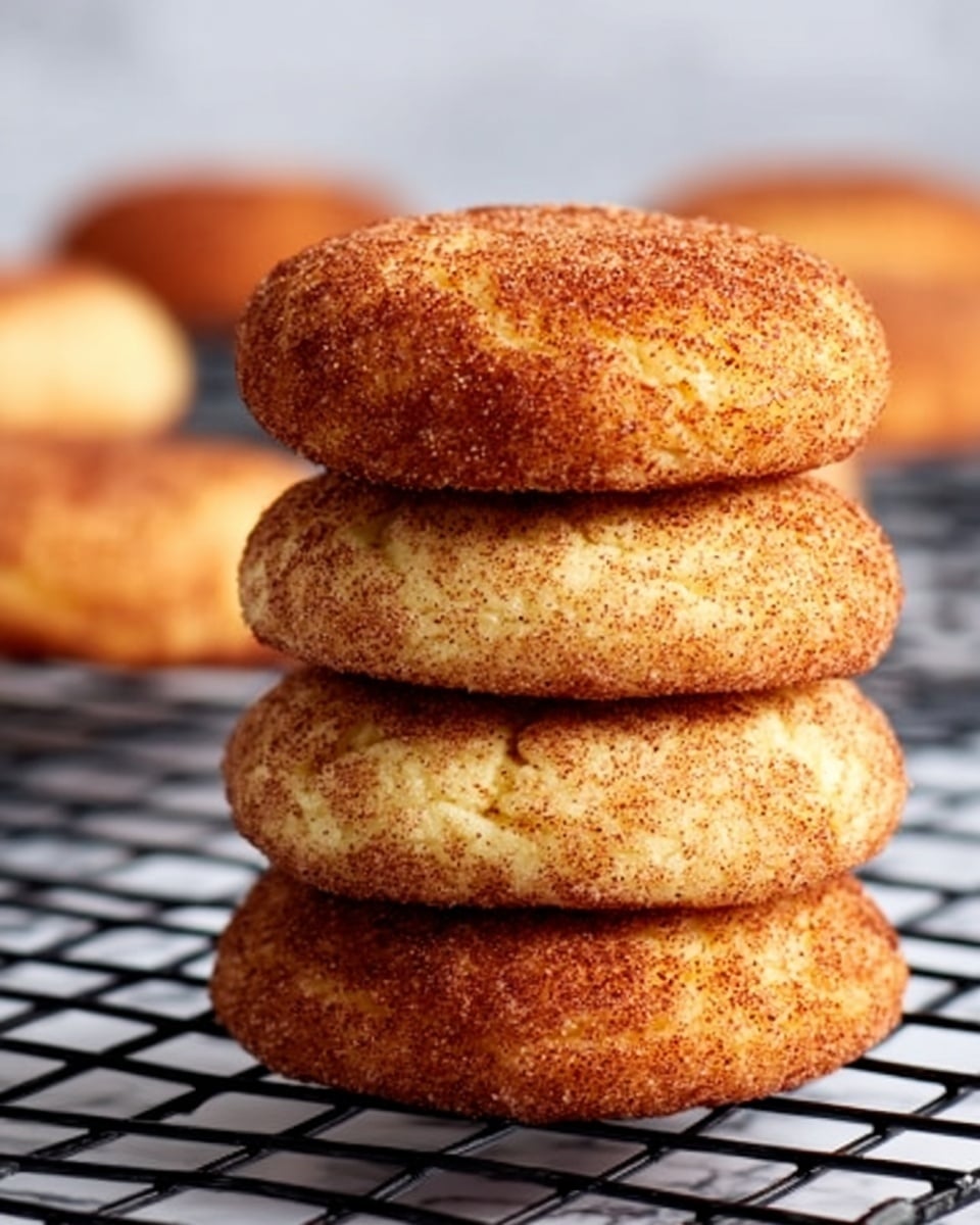 A stack of four round cookies with a golden brown color and visible sugar coating, each cookie showing a slightly cracked surface with a soft, chewy texture inside. The cookies are placed vertically on a black cooling rack, which rests on a white marbled surface. Some out-of-focus cookies are visible in the background, adding depth to the image. The lighting highlights the sugar crystals and texture of the cookies, making them look fresh and inviting. Photo taken with an iphone --ar 4:5 --v 7