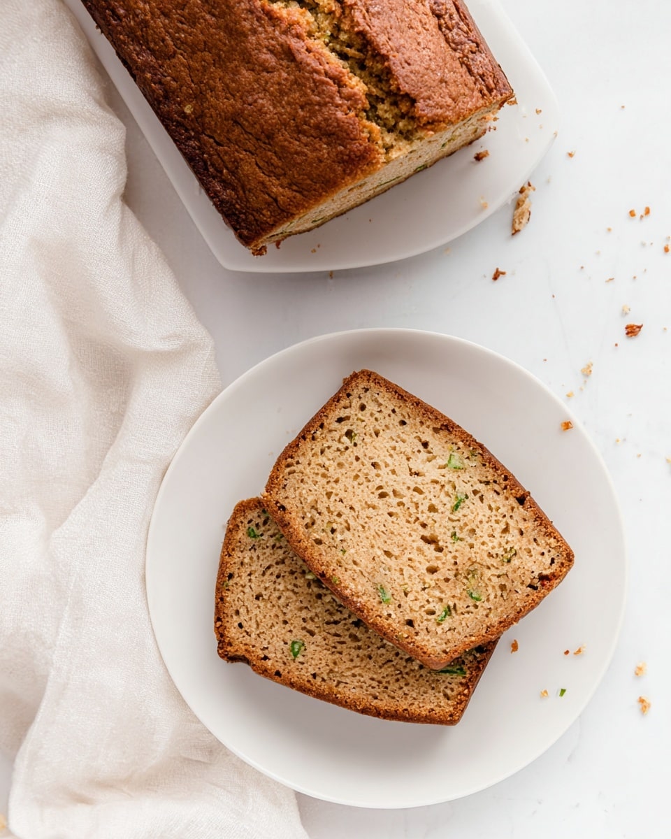 Two slices of moist, light brown bread with small green bits inside are neatly placed on a white plate in the bottom right corner. Above the plate, part of the whole loaf with a golden-brown, slightly textured crust sits on a white plate, with one slice cut and lying flat. Some small crumbs are scattered on the white marbled surface beneath. The bread has a soft, slightly porous texture visible on the cut sides. A white cloth is softly draped beneath the plates, adding a gentle touch to the clean and bright setting. Photo taken with an iphone --ar 4:5 --v 7