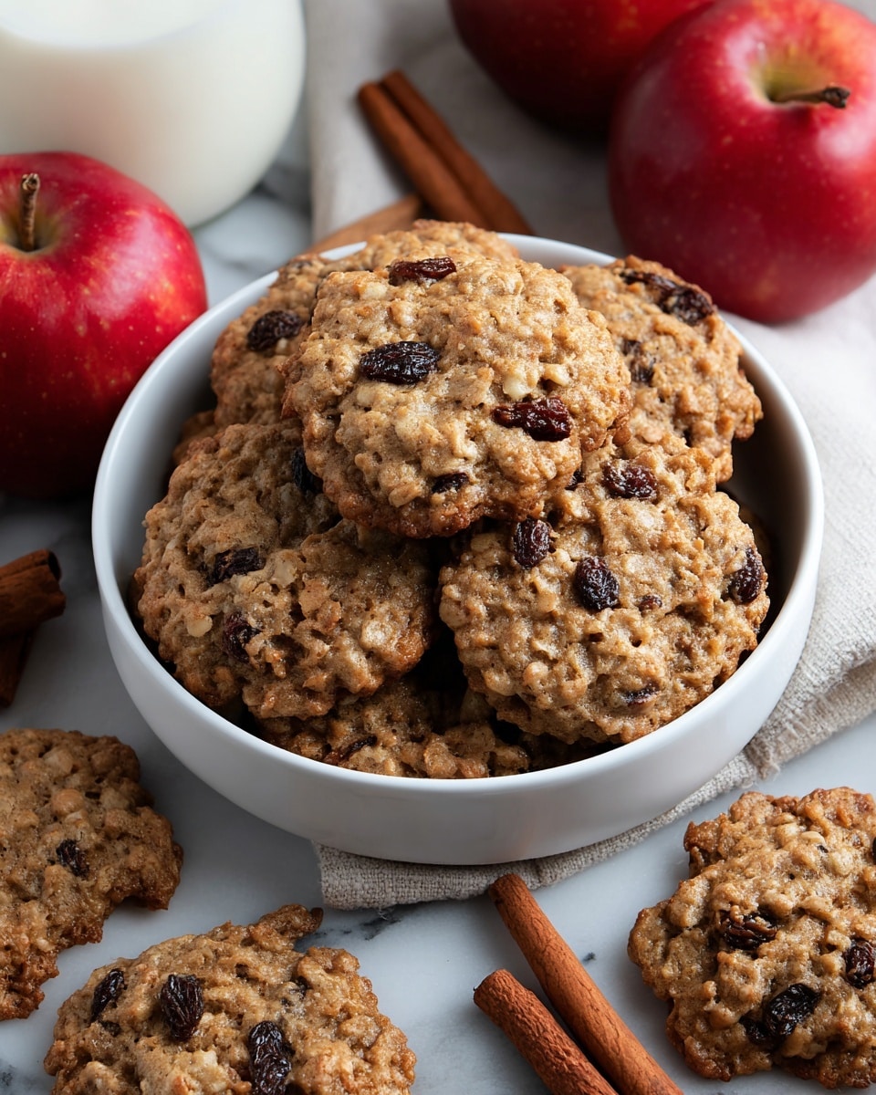 A white bowl filled with several large oatmeal raisin cookies with a rough, chewy texture and dark raisins visible on the top layer, surrounded by more cookies scattered on a white cloth, with cinnamon sticks and red apples placed around them, all set on a white marbled surface. Photo taken with an iphone --ar 4:5 --v 7