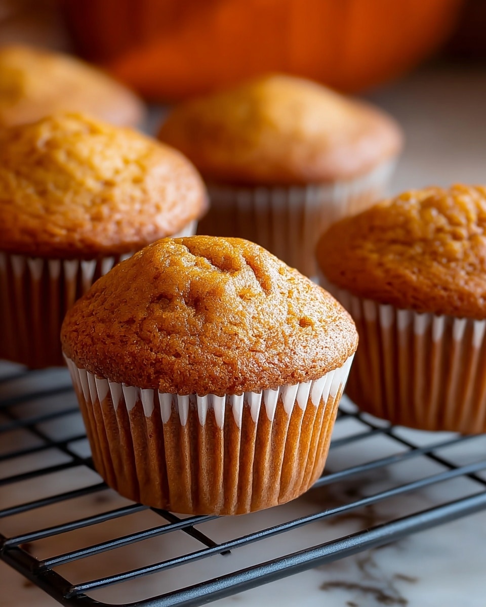 A close-up view of five golden-brown muffins with slightly cracked, domed tops showing a soft texture, each nestled in white paper liners with visible ridges; the muffins are arranged on a black metal cooling rack with bars running horizontally and vertically, the background is blurred with warm orange and brown tones, and the surface beneath the rack is replaced with a white marbled texture. photo taken with an iphone --ar 4:5 --v 7
