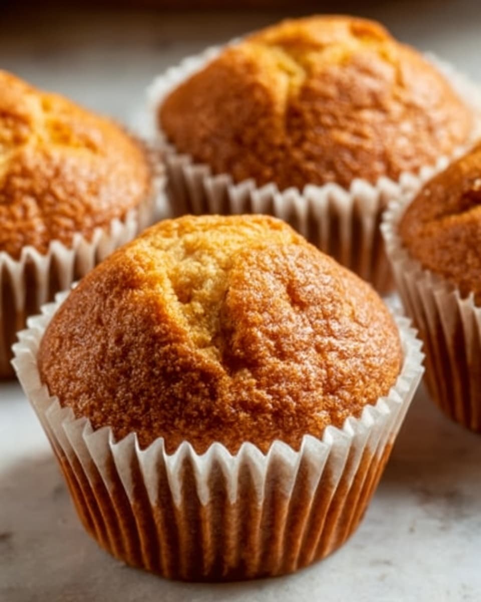 The image shows a close-up of four golden brown muffins with cracked tops, revealing their soft texture inside the white paper liners. They are placed closely together on a white marbled surface, giving a warm and fresh-baked feeling. The muffins have a slightly rough surface with a soft, crumbly texture visible on the top cracks. The photo is focused on the front muffin, with the others softly blurred in the background. photo taken with an iphone --ar 4:5 --v 7
