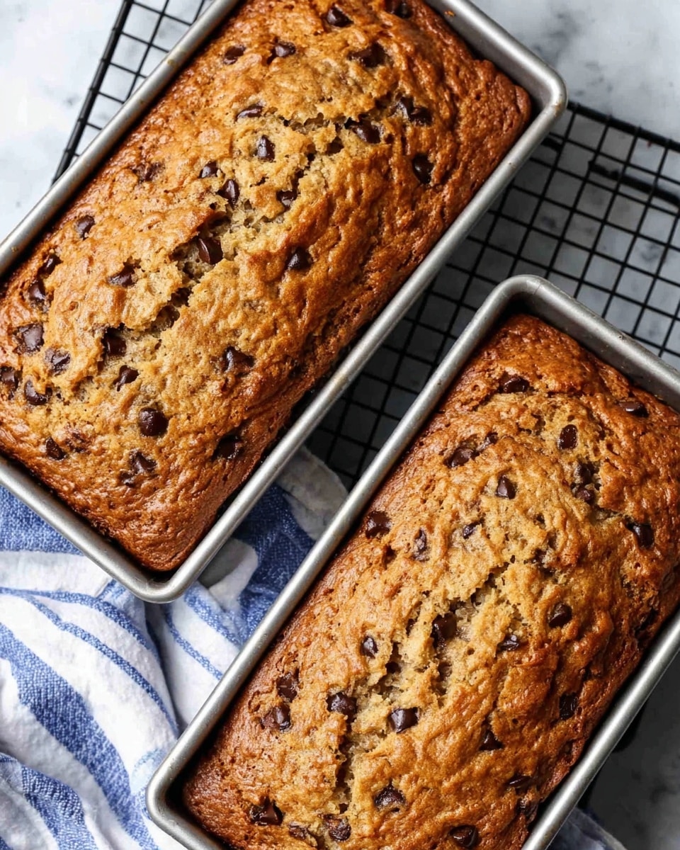 Two rectangular golden-brown banana bread loaves with a slightly cracked and textured surface showing dark chocolate chips peeking through are placed inside silver baking pans resting on a black wire cooling rack. A navy and white striped cloth is partially visible underneath the rack, all set against a white marbled textured background. photo taken with an iphone --ar 4:5 --v 7
