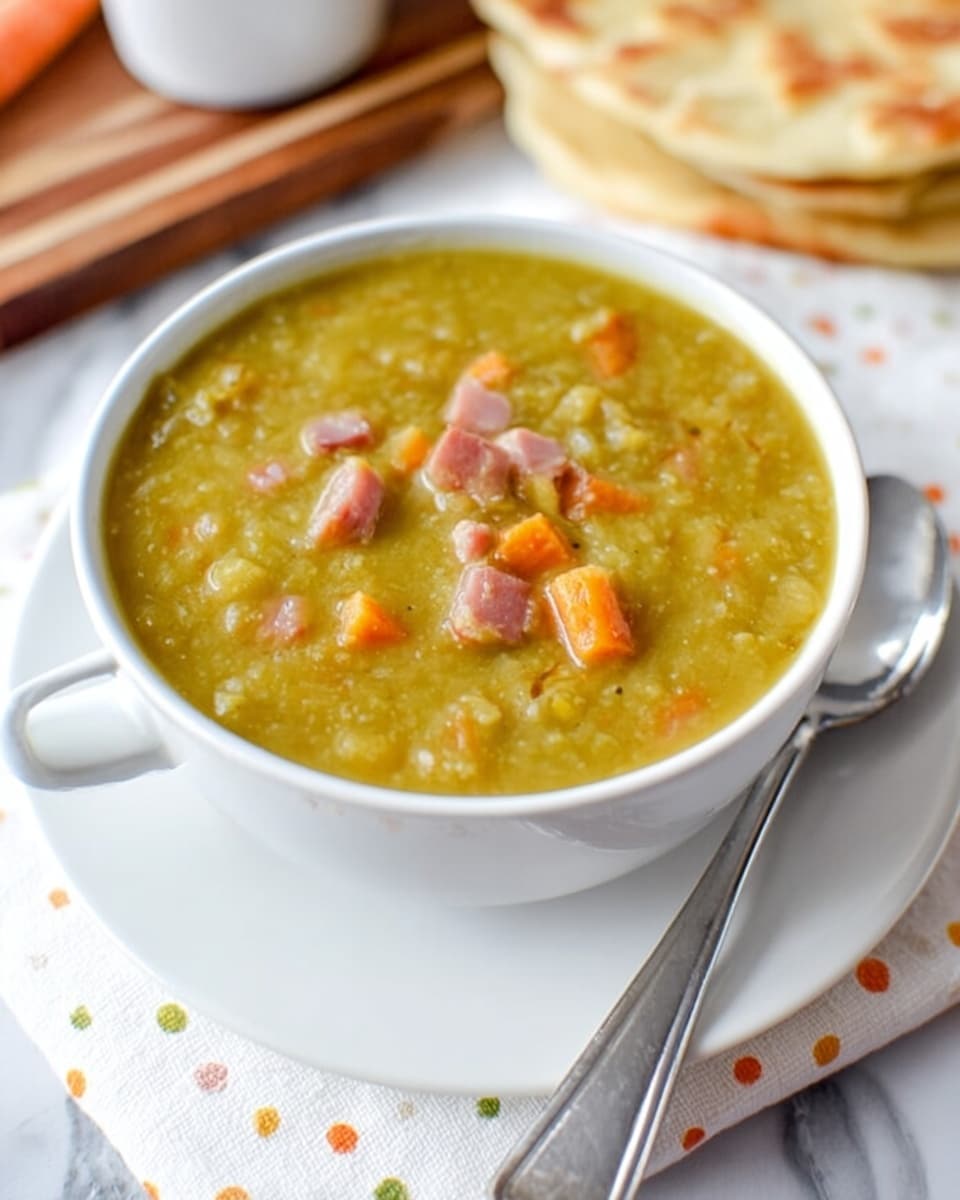 A white bowl filled with thick green split pea soup containing small chunks of orange carrots, light pink ham pieces, and light green peas all mixed evenly in the soup. The bowl is placed on a white plate resting on a white marbled surface covered with a white cloth patterned with orange, green, and yellow dots. Next to the bowl is a shiny silver spoon. In the background, on a wooden board, there are folded pieces of flatbread. Photo taken with an iphone --ar 4:5 --v 7