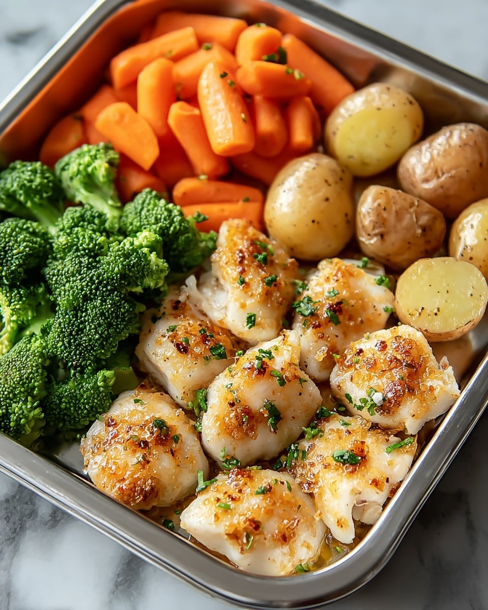 The image shows a metal tray filled with neatly arranged small pieces of baked chicken, each piece golden-brown with a crispy, seasoned crust and sprinkled with fresh green herbs. Around the chicken, there are three sections of vegetables: bright orange chunks of cooked carrots, vibrant green broccoli florets, and whole roasted small potatoes with light brown skin, some halved to show their soft yellow inside. The food looks warm and fresh, all set on a white marbled surface. photo taken with an iphone --ar 4:5 --v 7