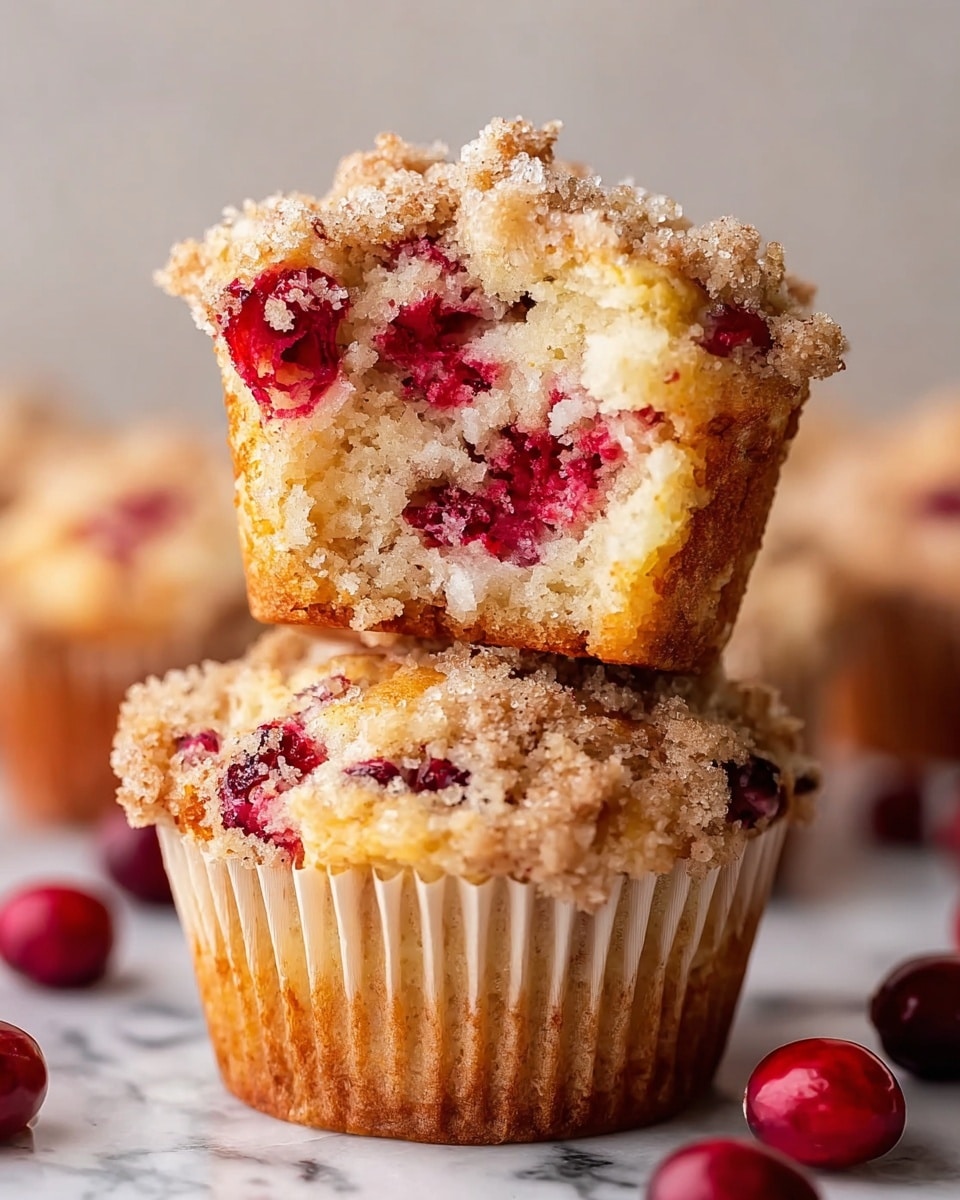 The image shows two cranberry muffins stacked on a white marbled surface, with the top muffin slightly broken to reveal its moist, light yellow inside filled with bright red cranberries. Each muffin has a crumbly, golden-brown streusel topping that looks crisp and sugary. The muffins’ sides are light brown with visible cranberry bits, and several fresh cranberries sit around them on the surface. The focus is on the top muffin’s texture and the berries inside. Photo taken with an iphone --ar 4:5 --v 7