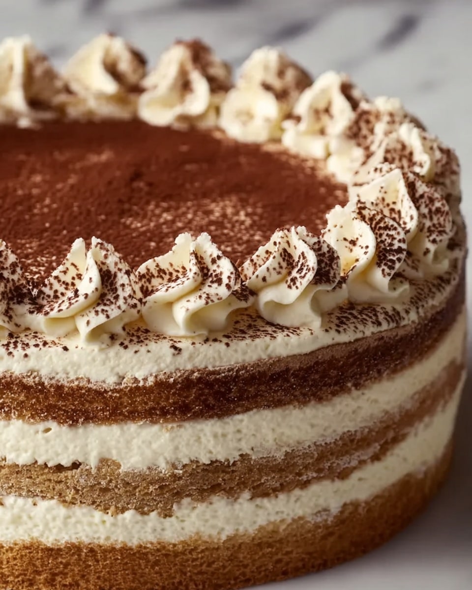 The image shows a close-up of a layered cake with three visible layers of light brown sponge, each separated by thick creamy white frosting. The top of the cake is covered with a smooth layer of cocoa powder and decorated around the edge with swirls of piped white cream dusted lightly with cocoa powder. The sides of the cake reveal the alternating layers of sponge and cream, with a slightly textured and moist appearance to the sponge. The cake sits on a white marbled surface. photo taken with an iphone --ar 4:5 --v 7