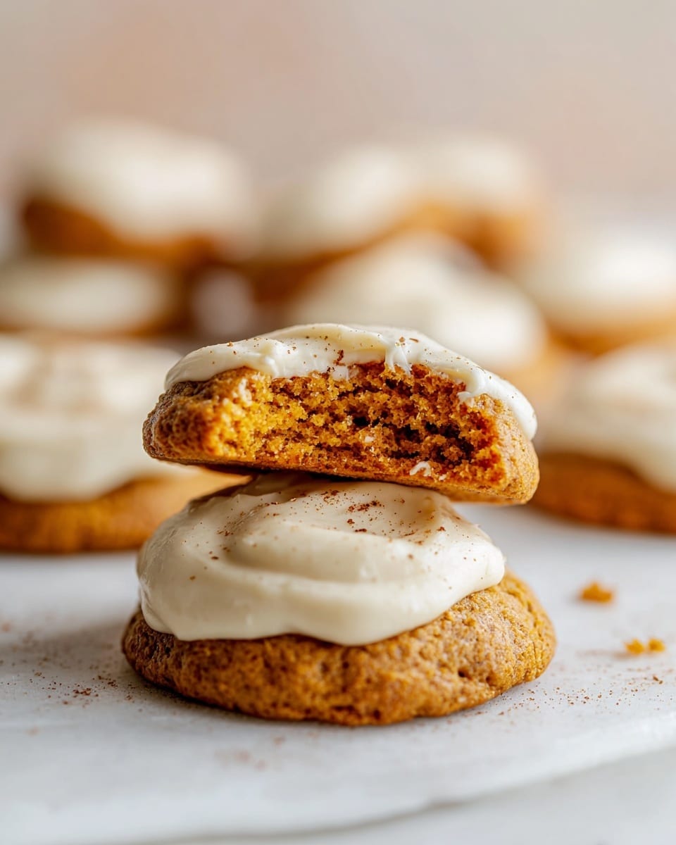 The image shows two soft, round gingerbread cookies stacked, with the top one having a bite taken out of it, revealing its moist, crumbly orange-brown inside. Both cookies have a thick layer of creamy white frosting spread smoothly on top, with a few specks of cinnamon sprinkled lightly over the frosting. The cookies rest on white parchment paper that lies on a white marbled surface, with more cookies blurred in the background. In the upper left corner, there is a blurred glass jar with a spoon inside, containing more white frosting. photo taken with an iphone --ar 4:5 --v 7
