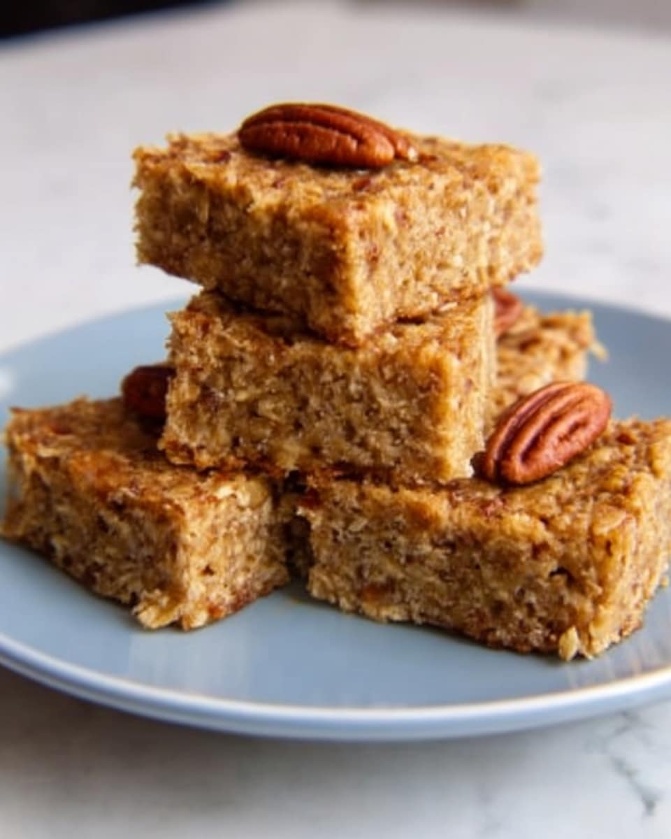 The image shows three pieces of a dense, golden-brown dessert stacked on a white plate. Each piece has a crumbly texture with small visible nuts throughout, and the top is slightly rough with a few whole pecans placed as decoration. The dessert squares have a moist and slightly glossy appearance. The white plate sits on a surface with a white marbled texture. photo taken with an iphone --ar 4:5 --v 7
