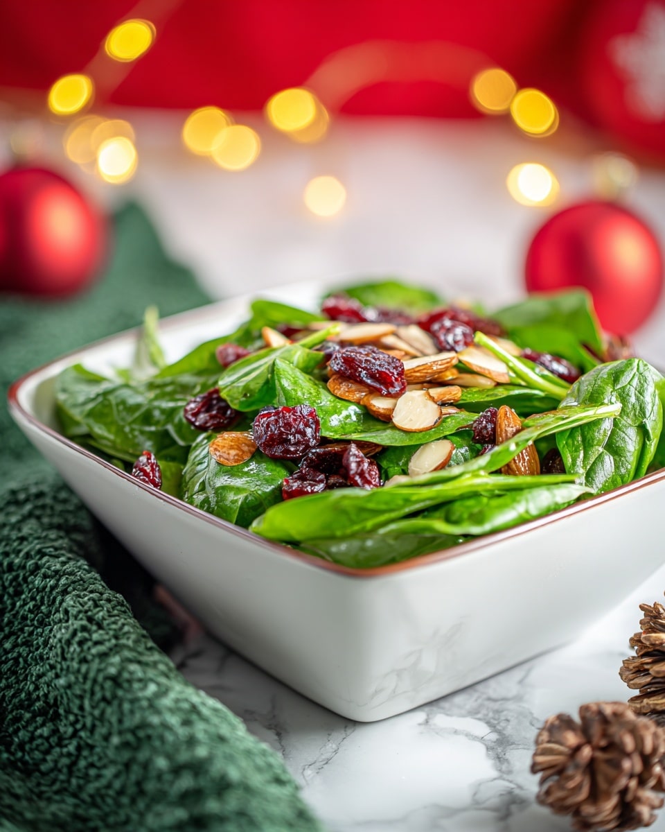 A white square bowl filled with a fresh green spinach salad, topped with scattered dried red cranberries and thinly sliced light brown almond pieces, creating a mix of bright green, deep red, and beige colors. The bowl is placed on a white marbled surface, with soft holiday-themed blurred lights and red decorations in the background, giving a festive feel. In the foreground, a green textured cloth and small pine cones add to the scene. Photo taken with an iphone --ar 4:5 --v 7